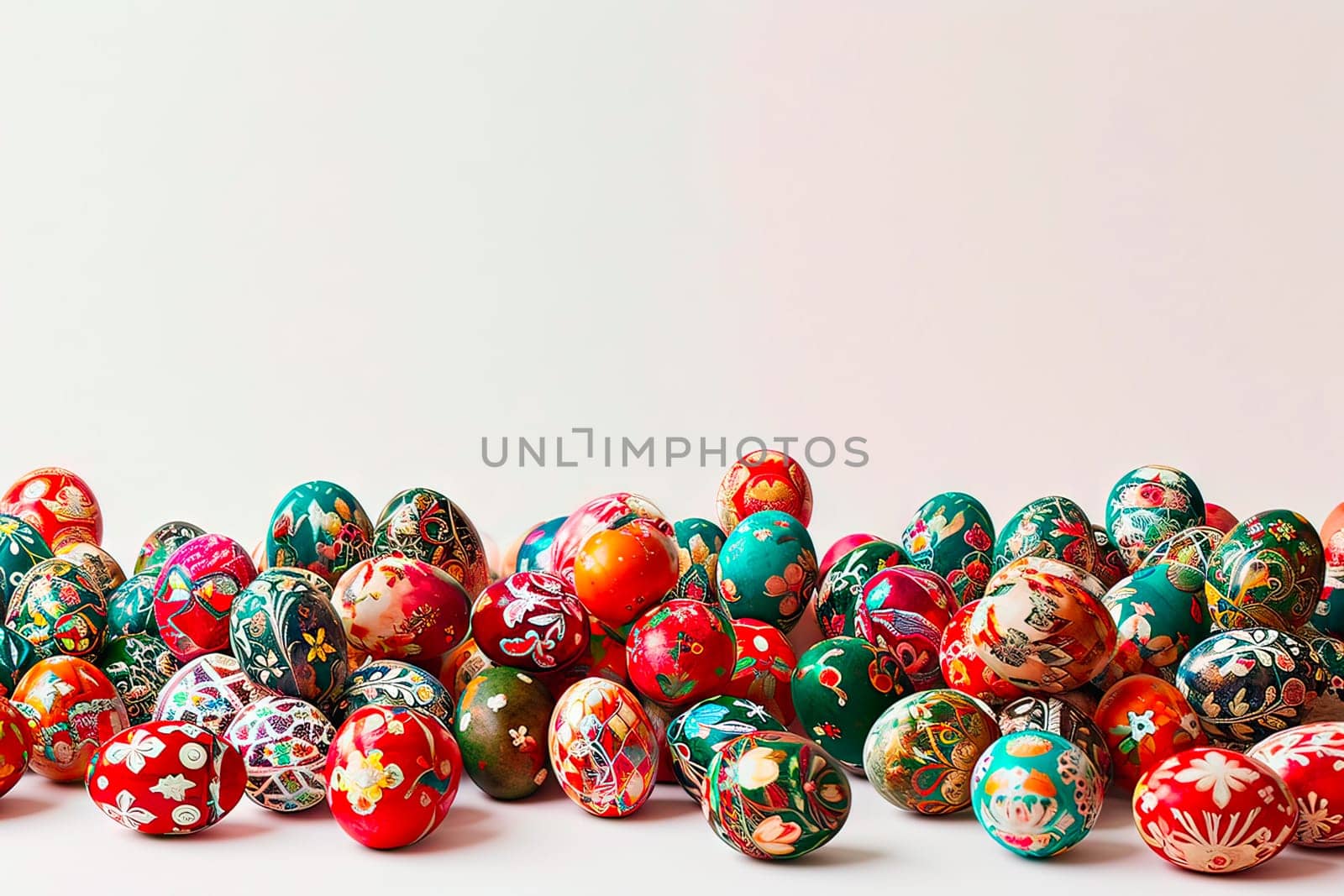 Easter eggs painted in a variety of colours and shades. Some of the Easter eggs have intricate designs on them. The eggs lie on top of each other in large numbers.
