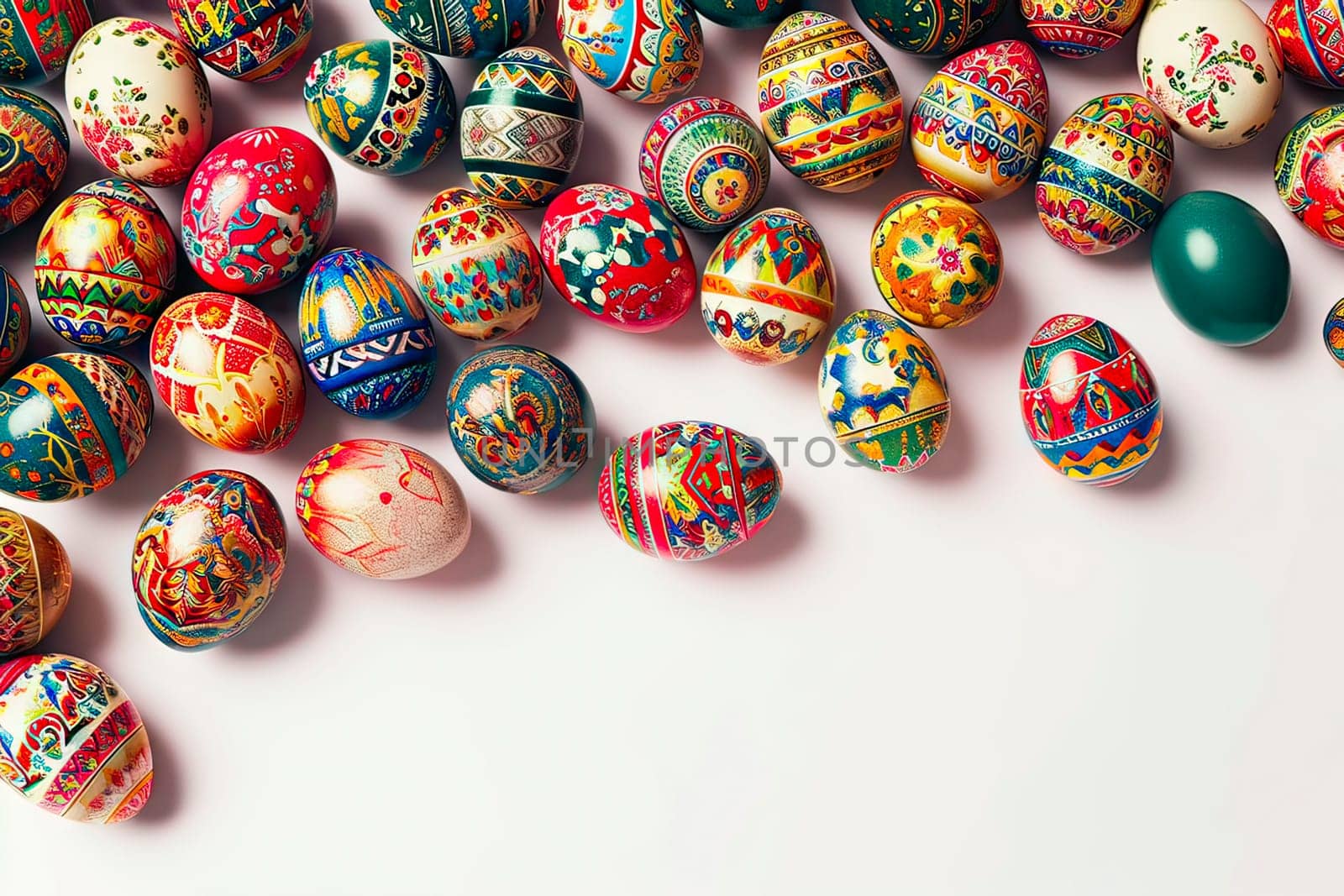 A large number of eggs lie on the countertop. The eggs are painted with paints in various colourful patterns. Not all the Easter eggs are finished.