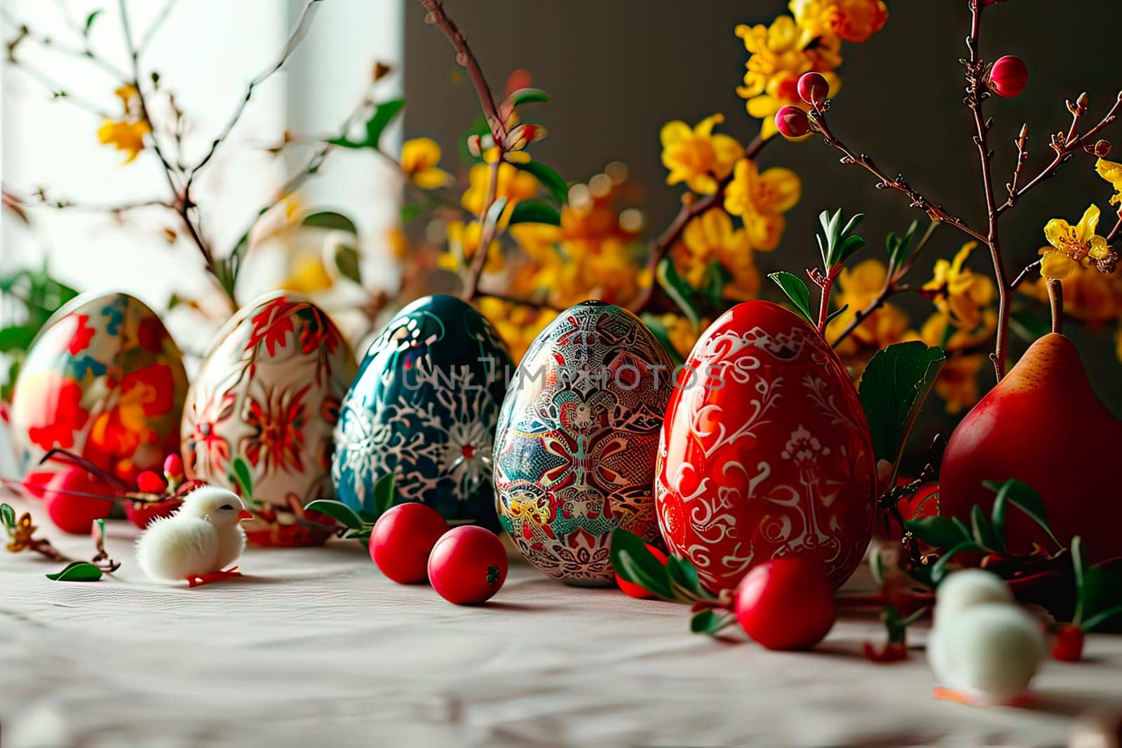 The table is covered with a white tablecloth. There are Easter eggs lined up on the table. Behind them are freshly picked branches from flowering trees.