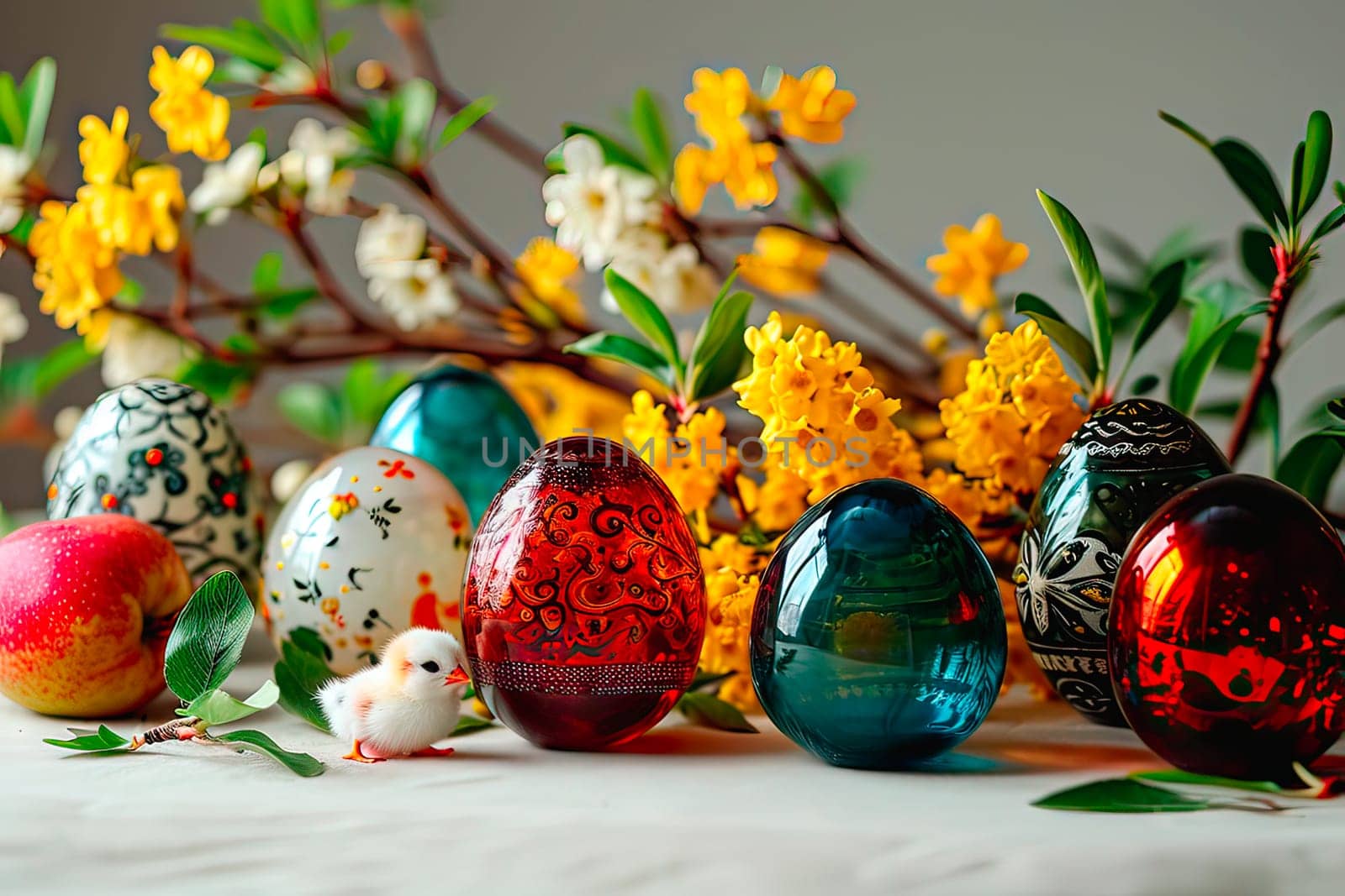 Blurred background. A blurred grey wall and forsythia branches can be seen in the background. Easter eggs made of coloured glass stand in the foreground. In front of them walk little chickens.