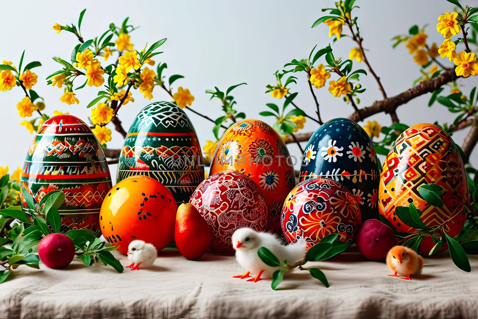 A table covered with a white tablecloth. Painted Easter eggs stand on the table. In the foreground stand little chickens. In the background you can see forsythia branches.