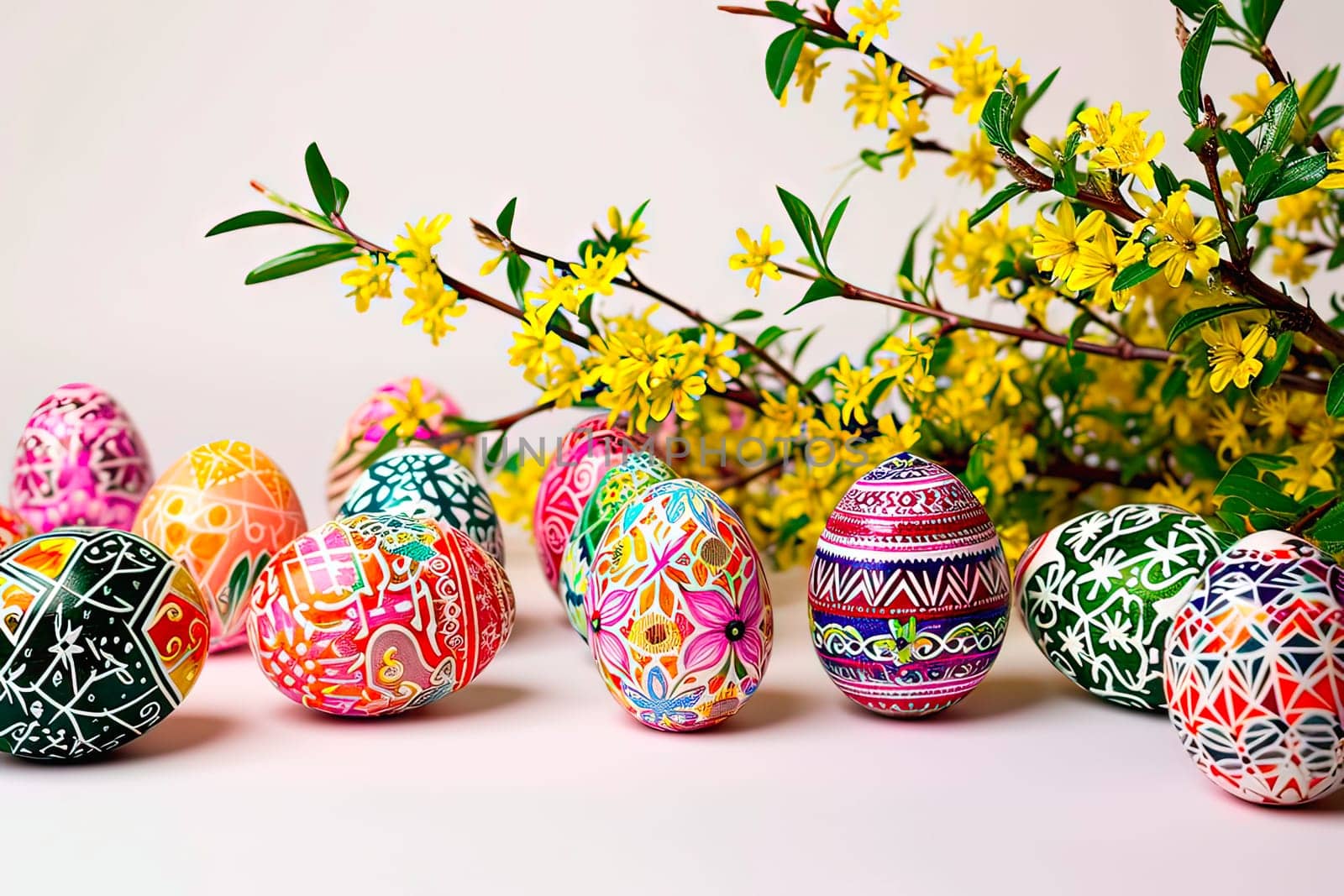 Easter eggs painted with paints in pastel colours. There are intricate, detailed designs on the eggs. The thick branches of a forsythia bush can be seen at the back.