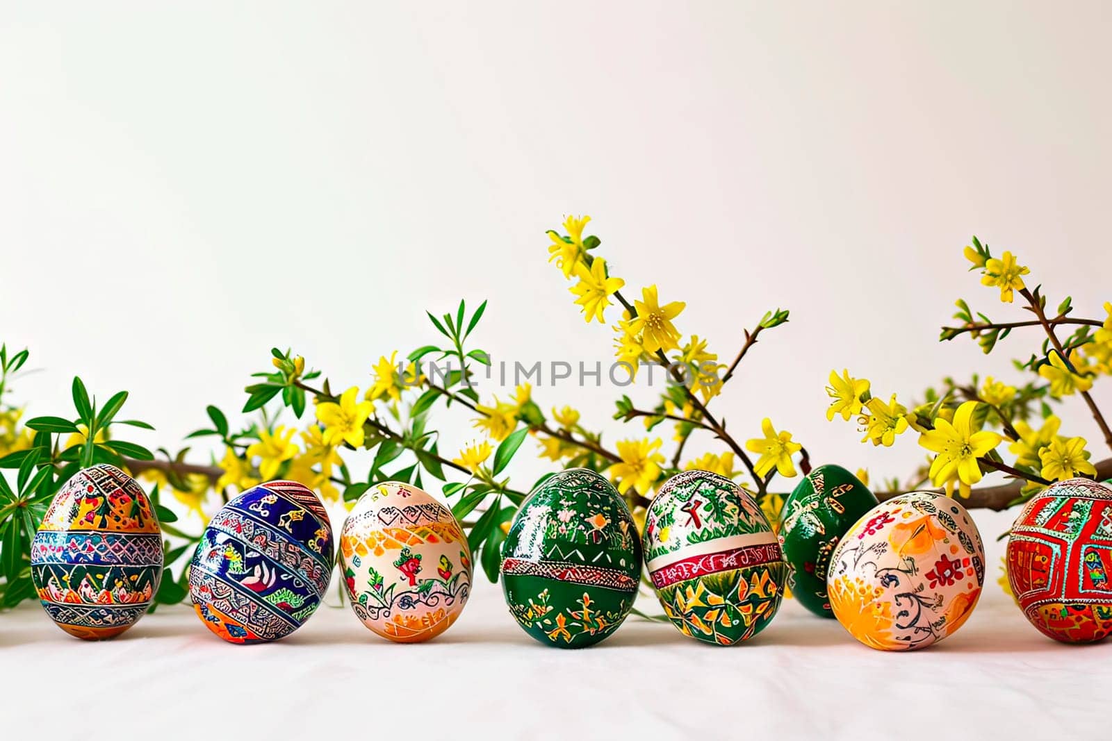 Easter eggs painted with paints in shades of green, yellow and blue stand in a row. At the back, small branches with small green leaves and yellow flowers stick out.