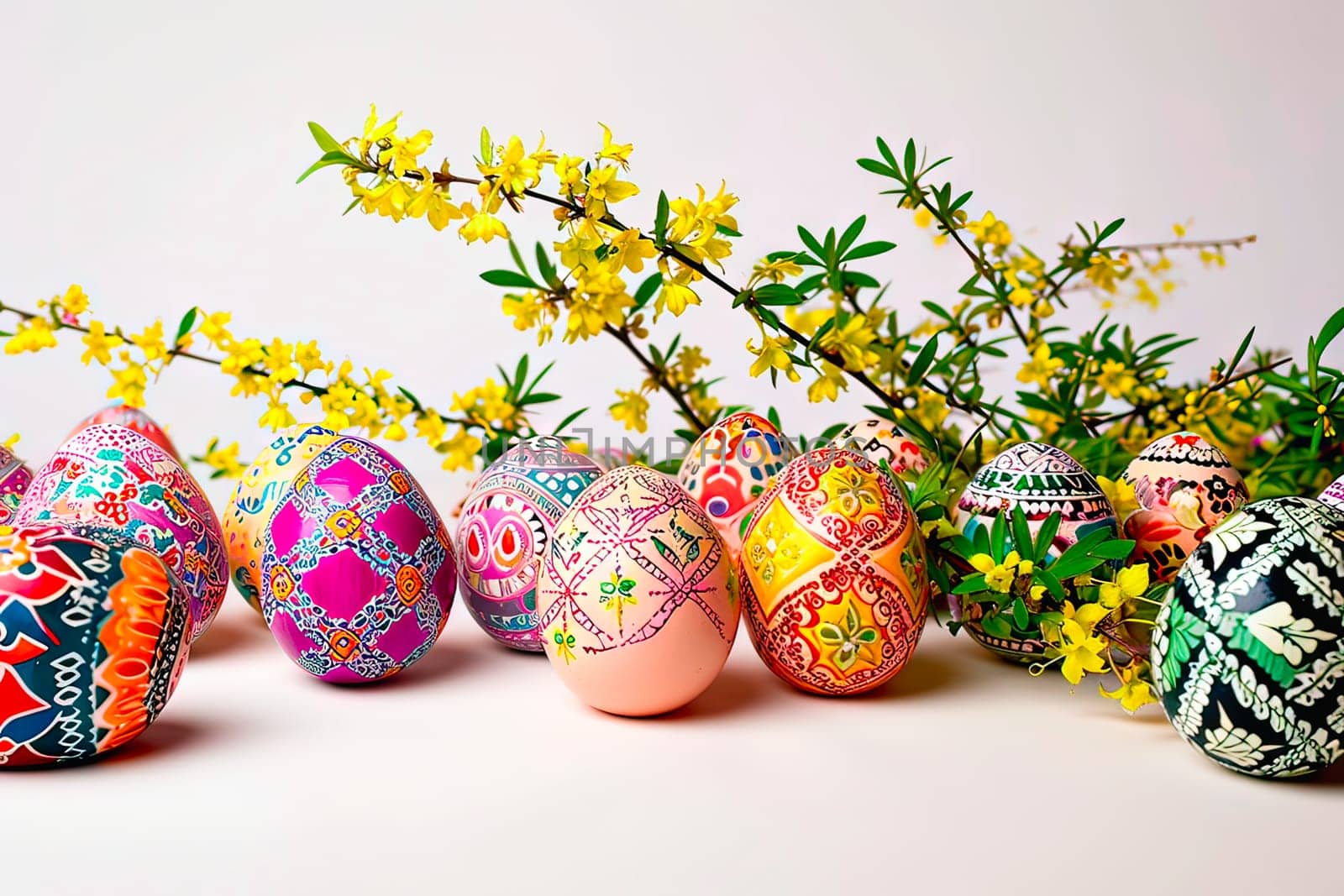 Easter eggs with intricate designs lie on a white ground. At the back, behind the eggs, lie freshly cut branches from a forsythia bush.