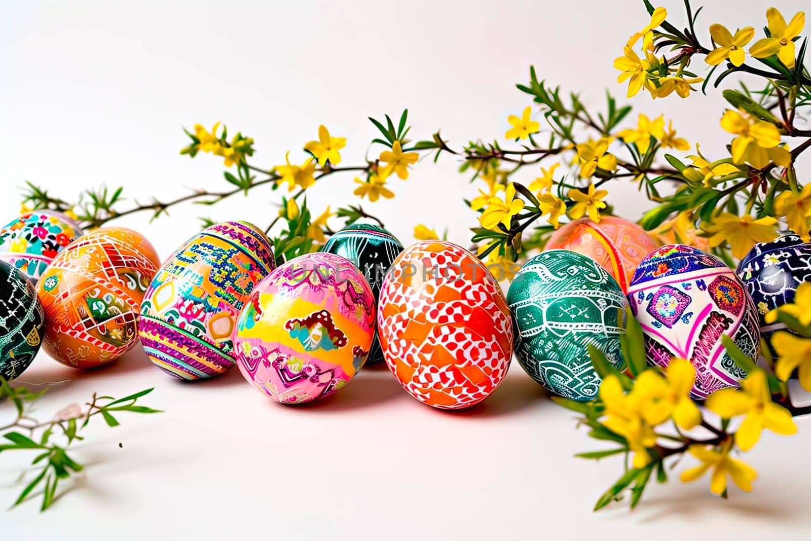 Coloured Easter eggs arranged in a row under a sprig of forsythia. Centrepiece arranged on a white background. The Easter eggs have very detailed designs on them.