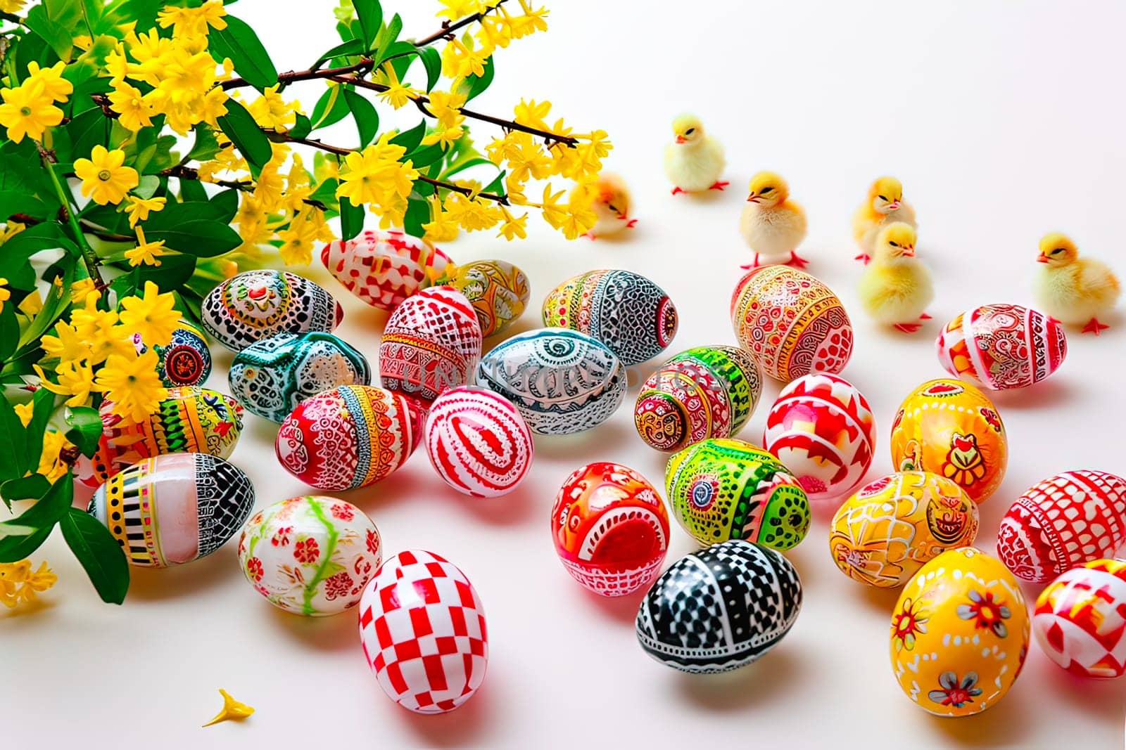 Lots of Easter eggs painted in detailed patterns lie on a white ground. They lie side by side arranged haphazardly. Little chickens walk beside the eggs.