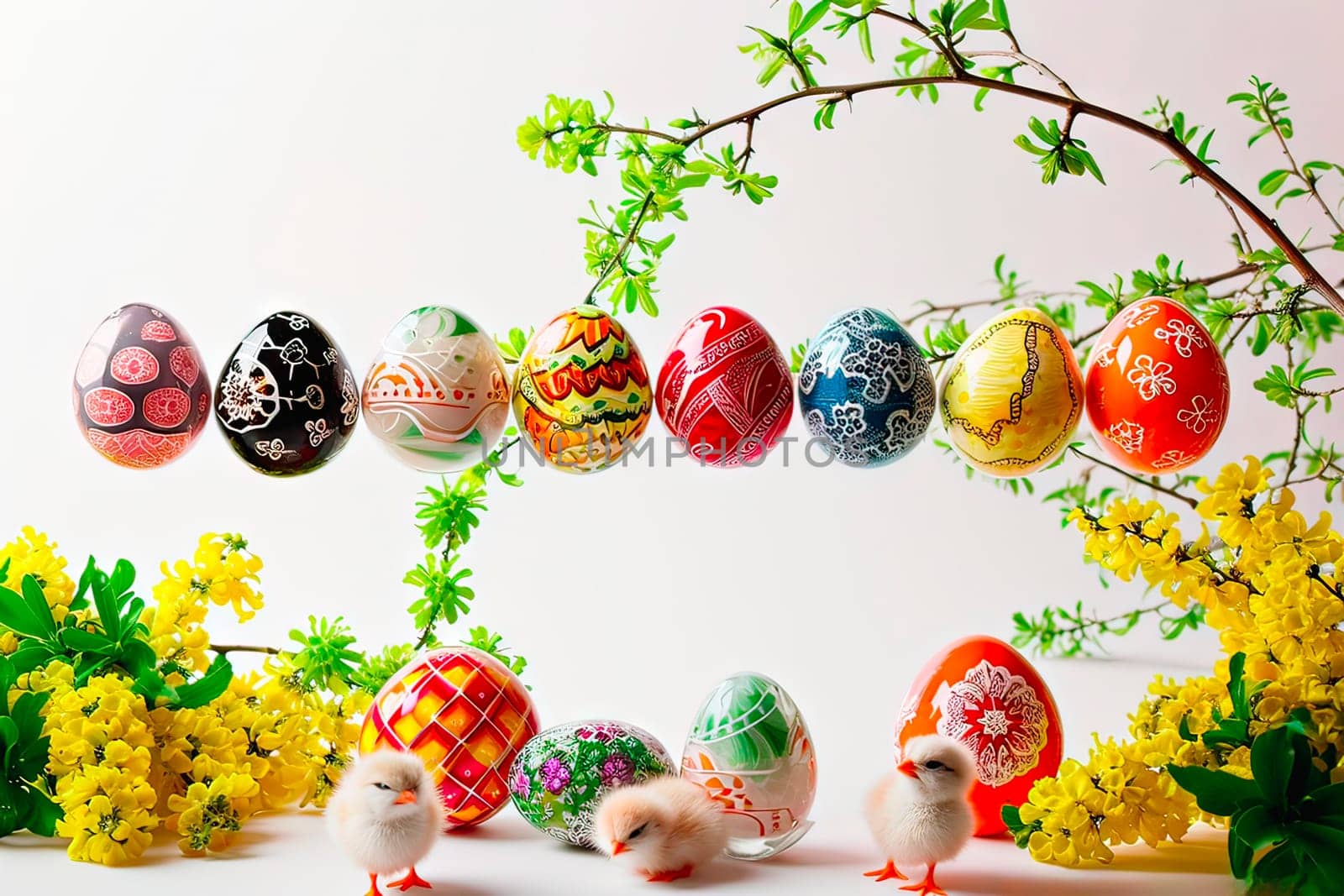 On a white ground are chickens, Easter eggs and twigs with small yellow flowers. A row of coloured Easter eggs hangs above. Colourful spring graphics on a white background.