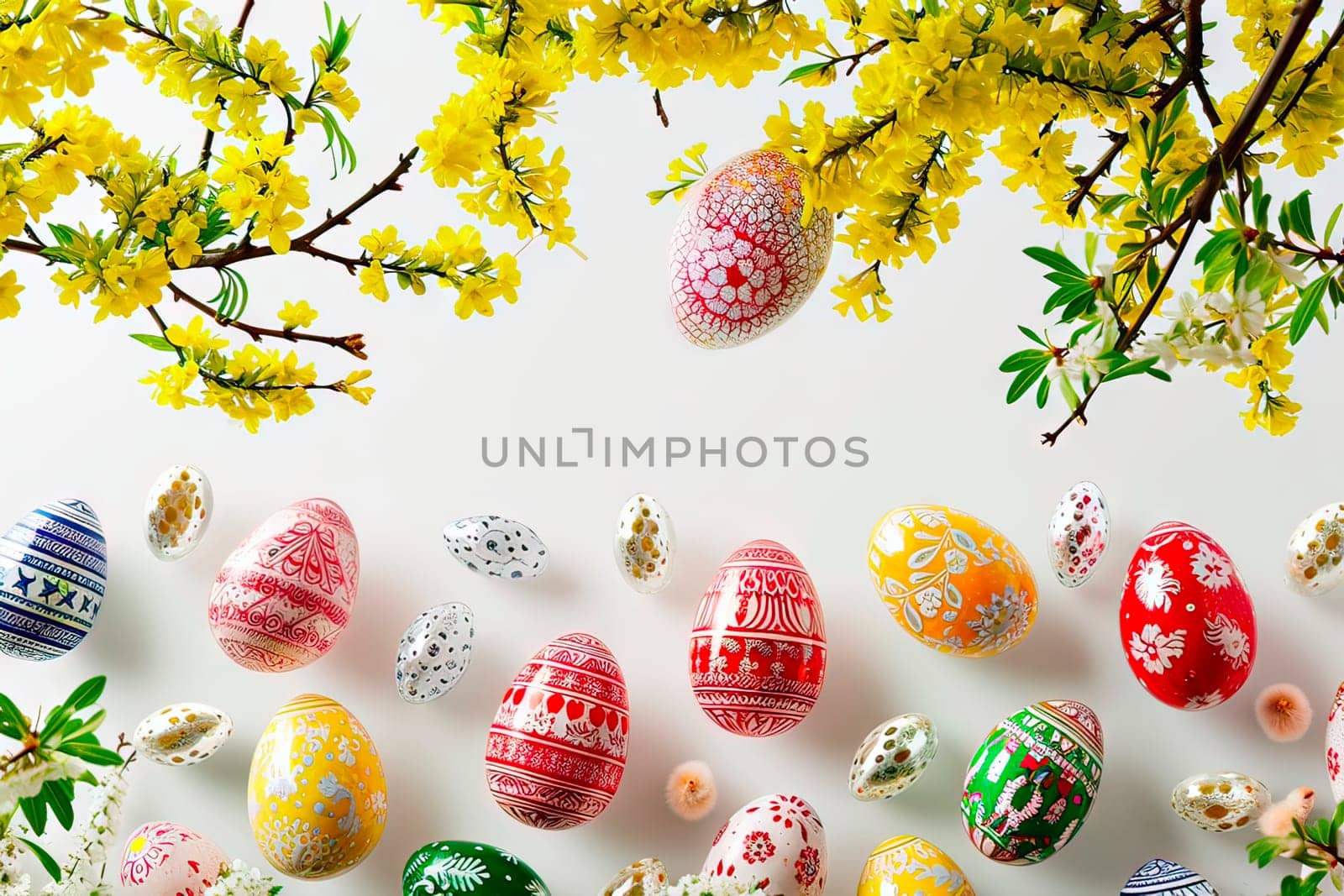 From above, you can see the coloured eggs lying on the white tabletop. The Easter eggs are painted with different coloured paints. Branches cut from forsythia bushes are lying in some places.