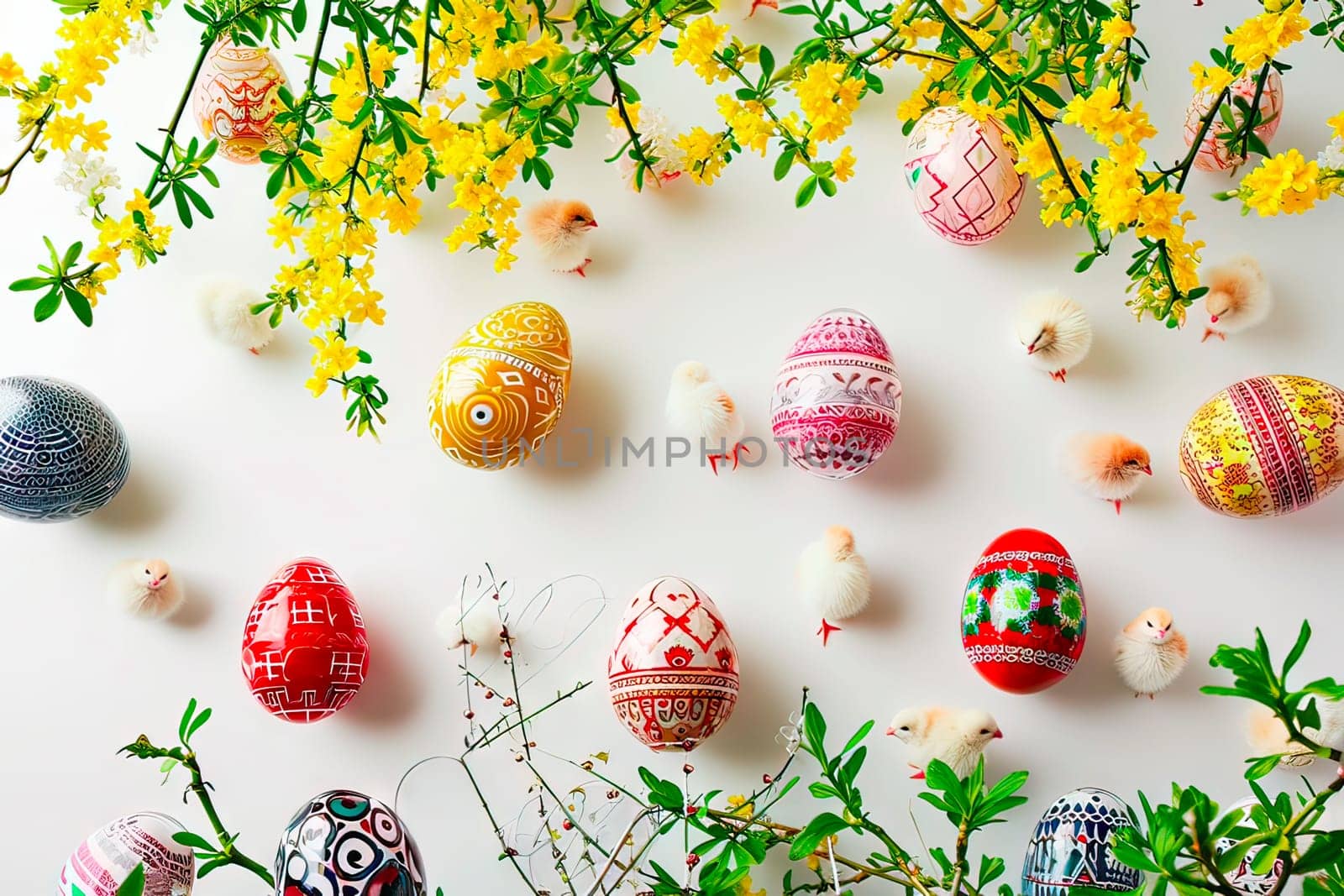 Hand-painted Easter eggs to celebrate Easter. The eggs are seen from above. There are chickens between the eggs. The tips of branches from a forsythia bush are visible.