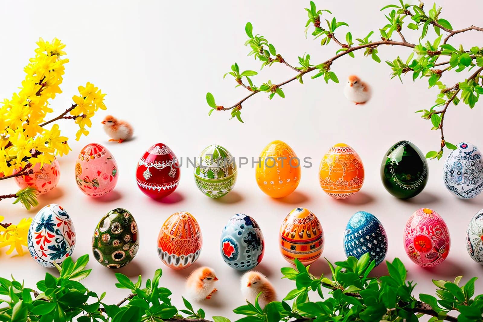 Occasional graphics for Easter. Coloured Easter eggs on a white background. Next to the Easter eggs are branches with yellow flowers and small chickens.