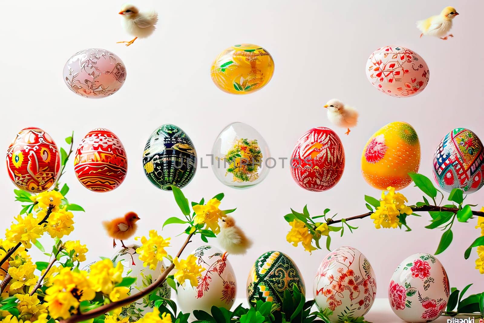 Abstract graphics. At the bottom visible branches from a forsythia bush. Higher up are the Easter eggs. Some of the Easter eggs give the impression that they are moving. Next to them are small chickens, which also give the impression of movement.
