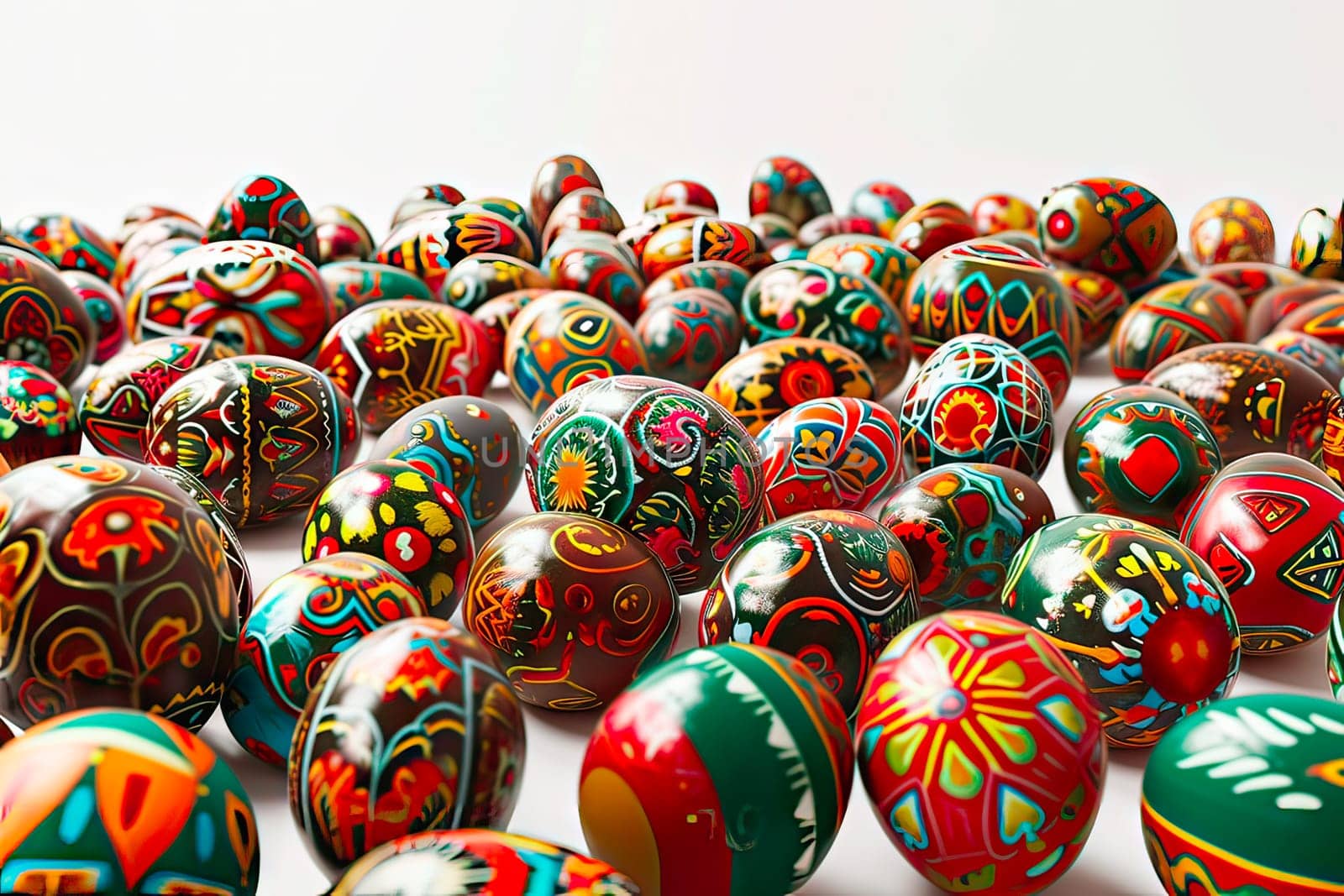 Easter eggs painted in traditional patterns. Aerial view of a large number of Easter eggs lying side by side on a white background.