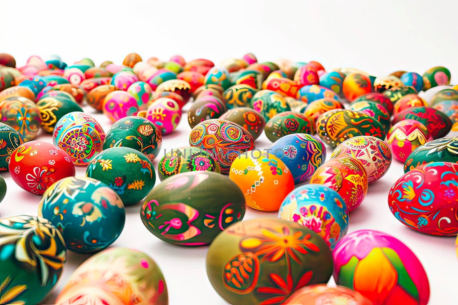 Easter eggs painted with different coloured paints. A bird's eye view of the eggs. Some of the Easter eggs are covered with folk designs and others with modern designs.
