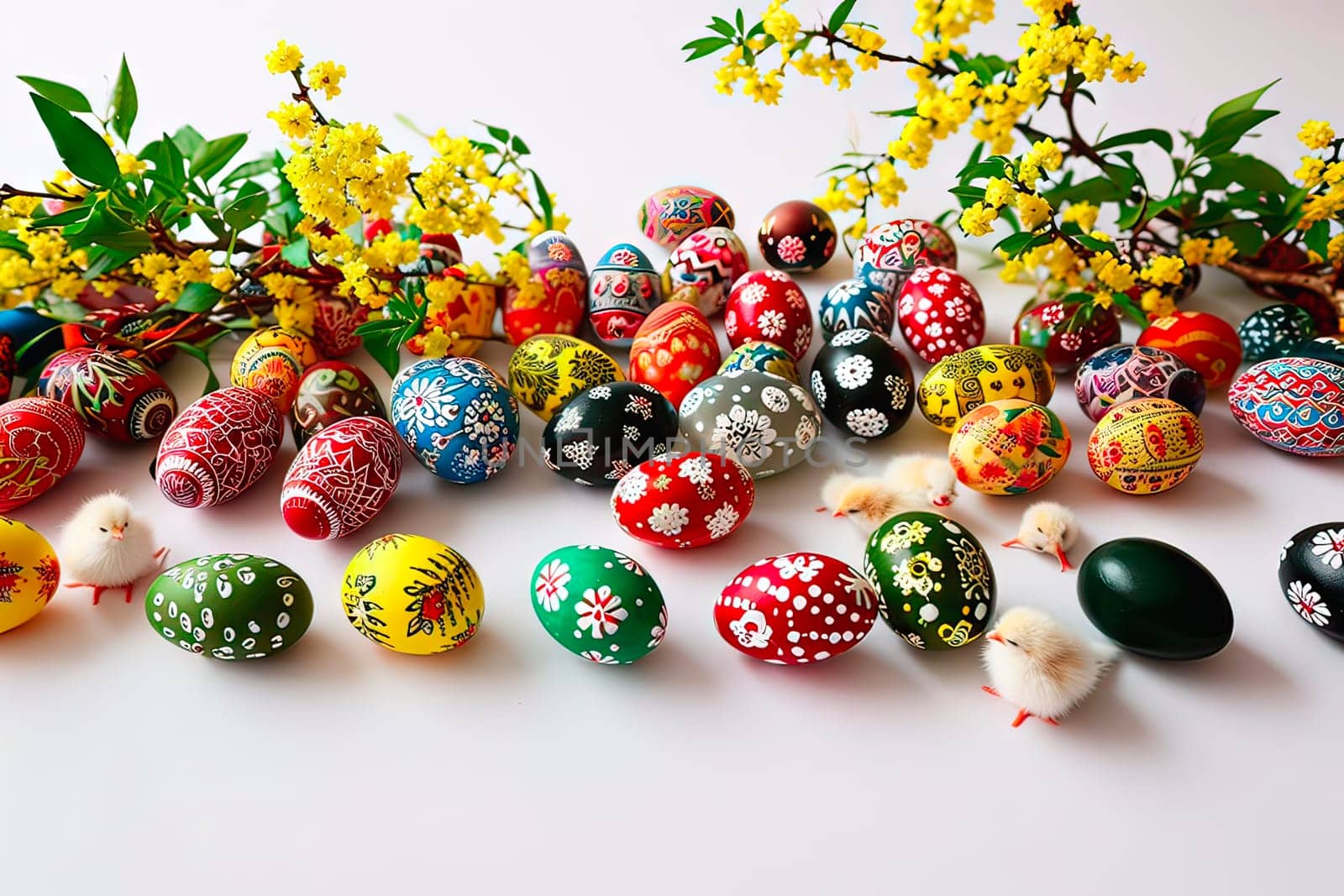 Traditionally painted Easter eggs lie on a white tabletop. One of the Easter eggs is all black and is the only one without any designs. Next to the eggs are little chickens.