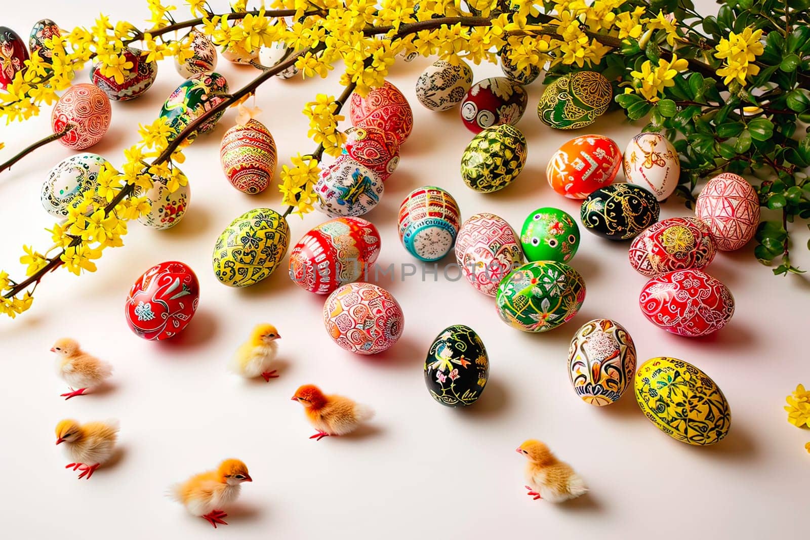 Easter eggs painted in many colours lie on a white ground. Next to the eggs are small chickens and a branch. On the branch are green leaves and tiny yellow flowers.