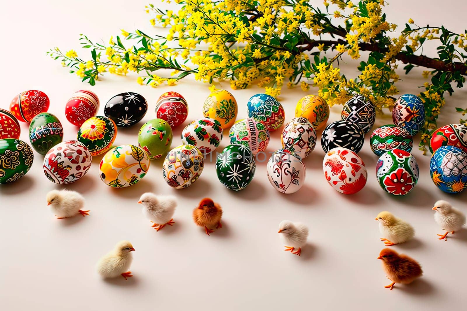 Multi-coloured chickens stroll across a white tabletop. The view from above. Next to the chickens lie lots of painted Easter eggs. At the back lies a large branch broken off the forsythia bush.