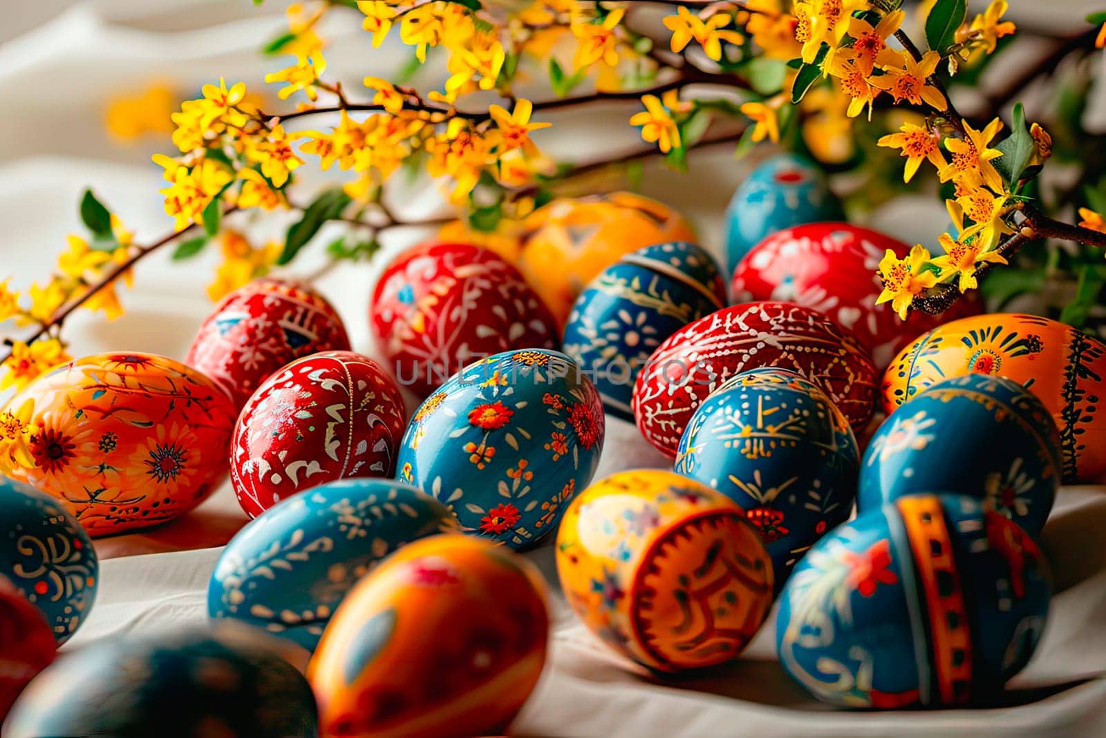 Easter eggs in shades of red, yellow and blue lie on a table with a white tablecloth. Close-up of the colourful Easter eggs. Behind them lie twigs with tiny yellow flowers.
