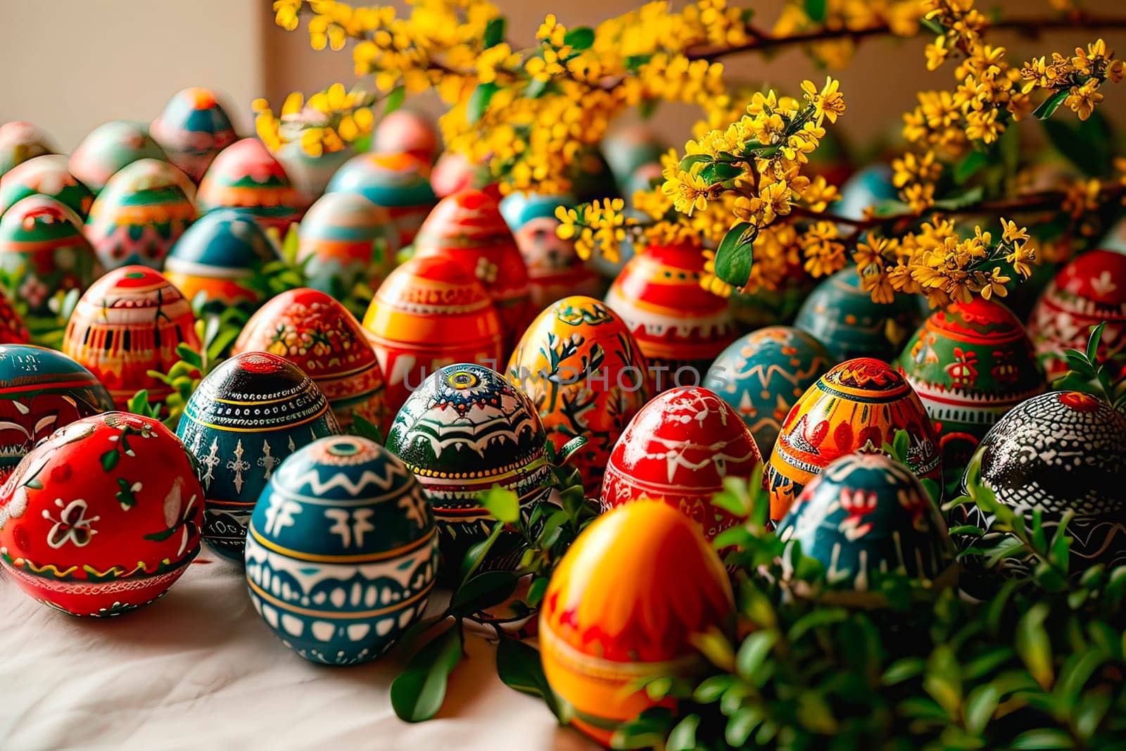 Easter eggs painted in traditional folk designs. The eggs stand in close proximity to each other. A branch with small yellow flowers hangs above them.