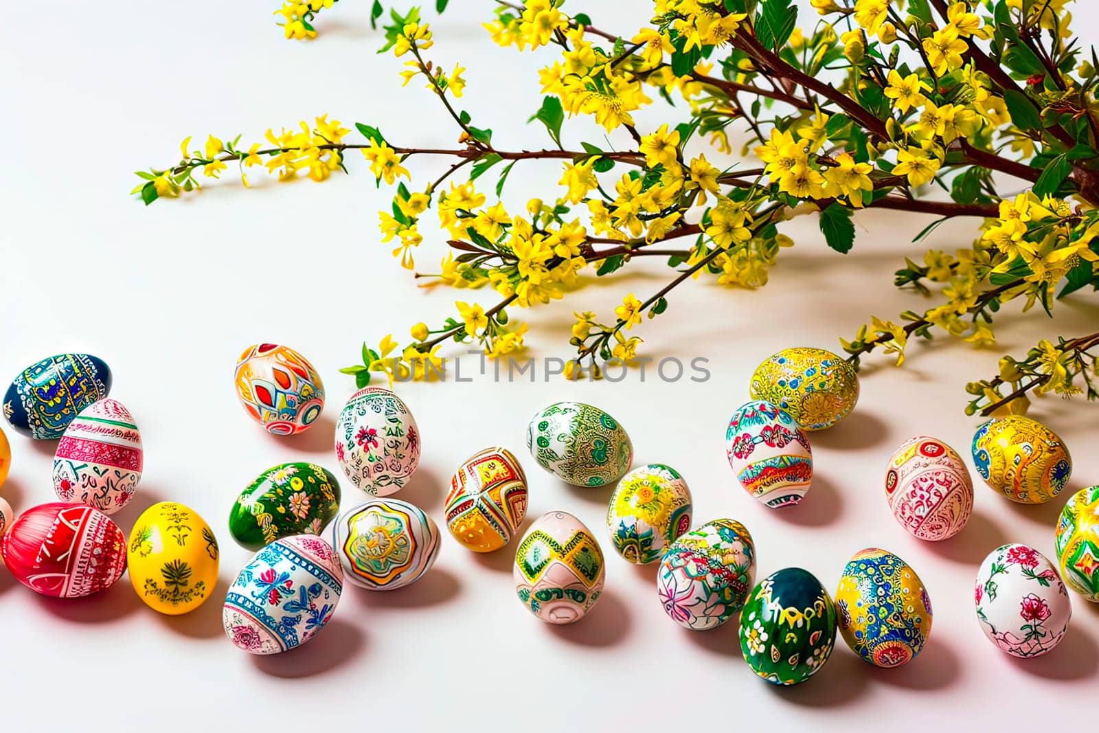 Lots of colourful Easter eggs scattered in a messy white ground. WIdok from above. Next to the Easter eggs lie branches plucked from the forsythia bush.