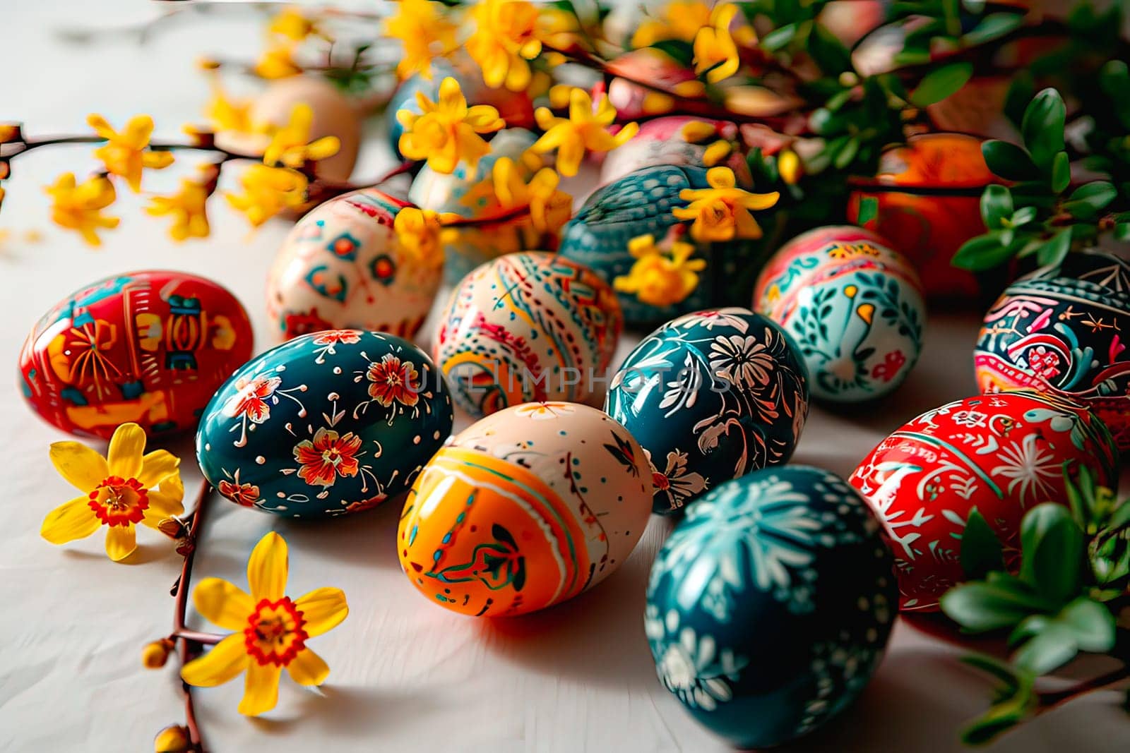 Close-up of a set of Easter eggs lying on a table. The table is covered with a white tablecloth. Small yellow flowers can be seen between the eggs.