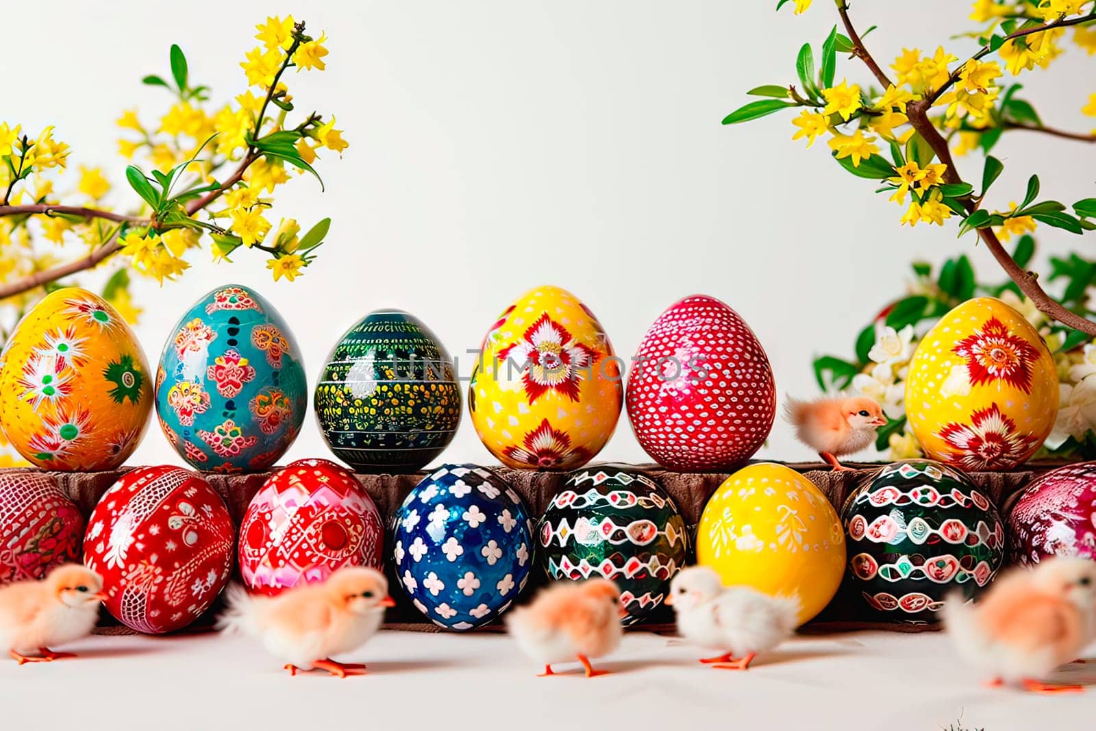Blurred figures of small chickens in the foreground. At the back, on a raised platform, stand colourful painted Easter eggs. In the background can be seen branches from a forsythia bush.