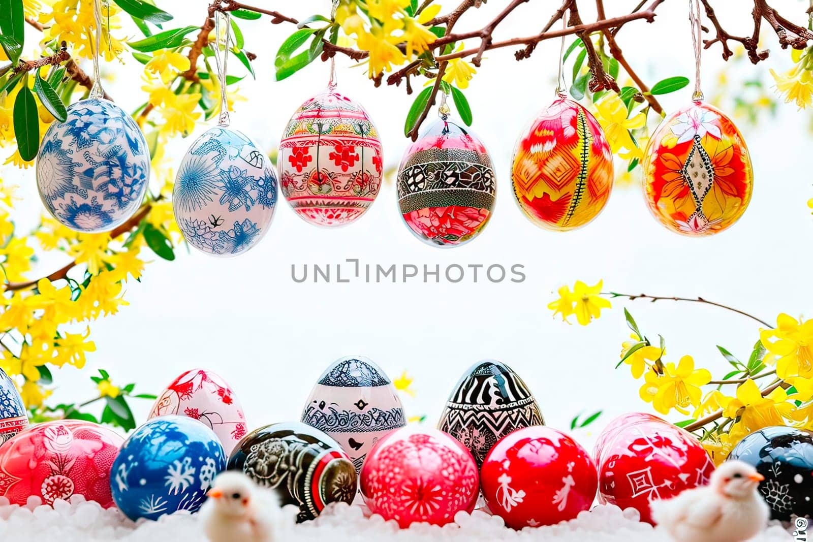 Hand-painted Easter eggs hang from forsythia branches. Easter eggs also lie below, with little chickens standing next to them.