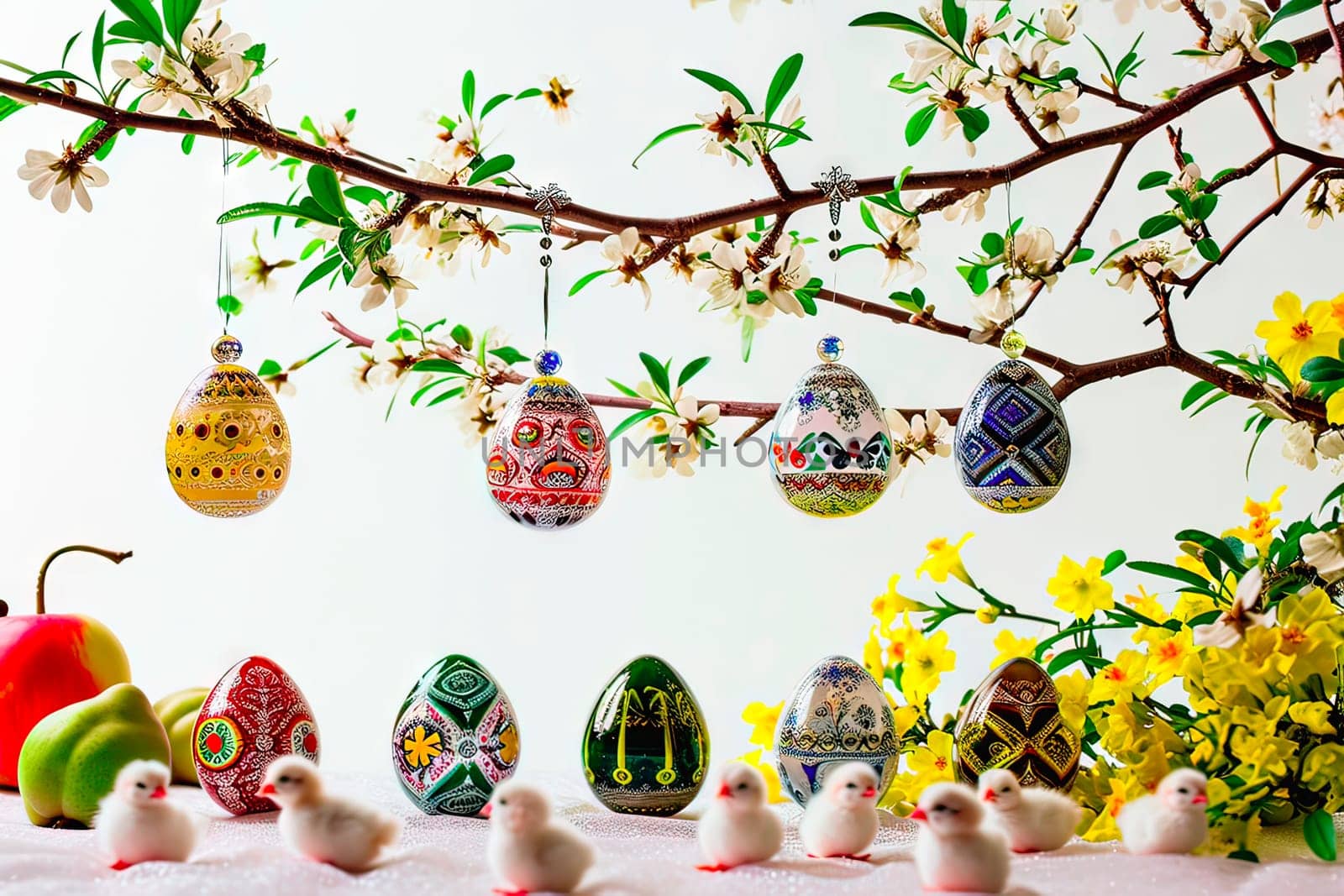 A branch plucked from a flowering spring tree. There are white flowers on the branch and a painted Easter egg hanging from it. At the bottom stands a row of Easter eggs, yellow flowers and white chickens.