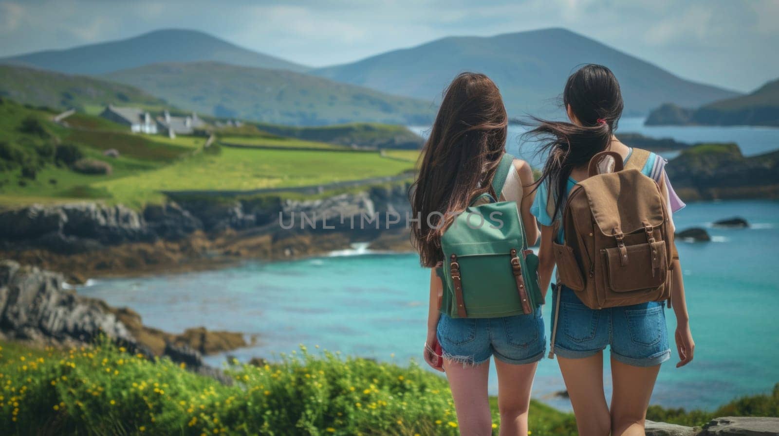 rear view of two young Chinese women friends looking at green landscape in ireland.
