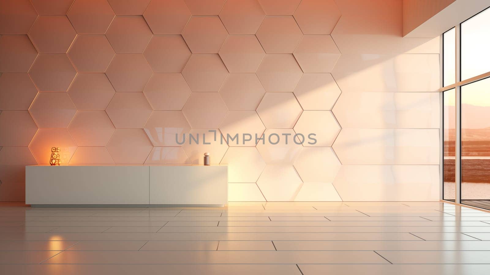 Reception desk in a modern lobby with geometric wall design, sunset view.