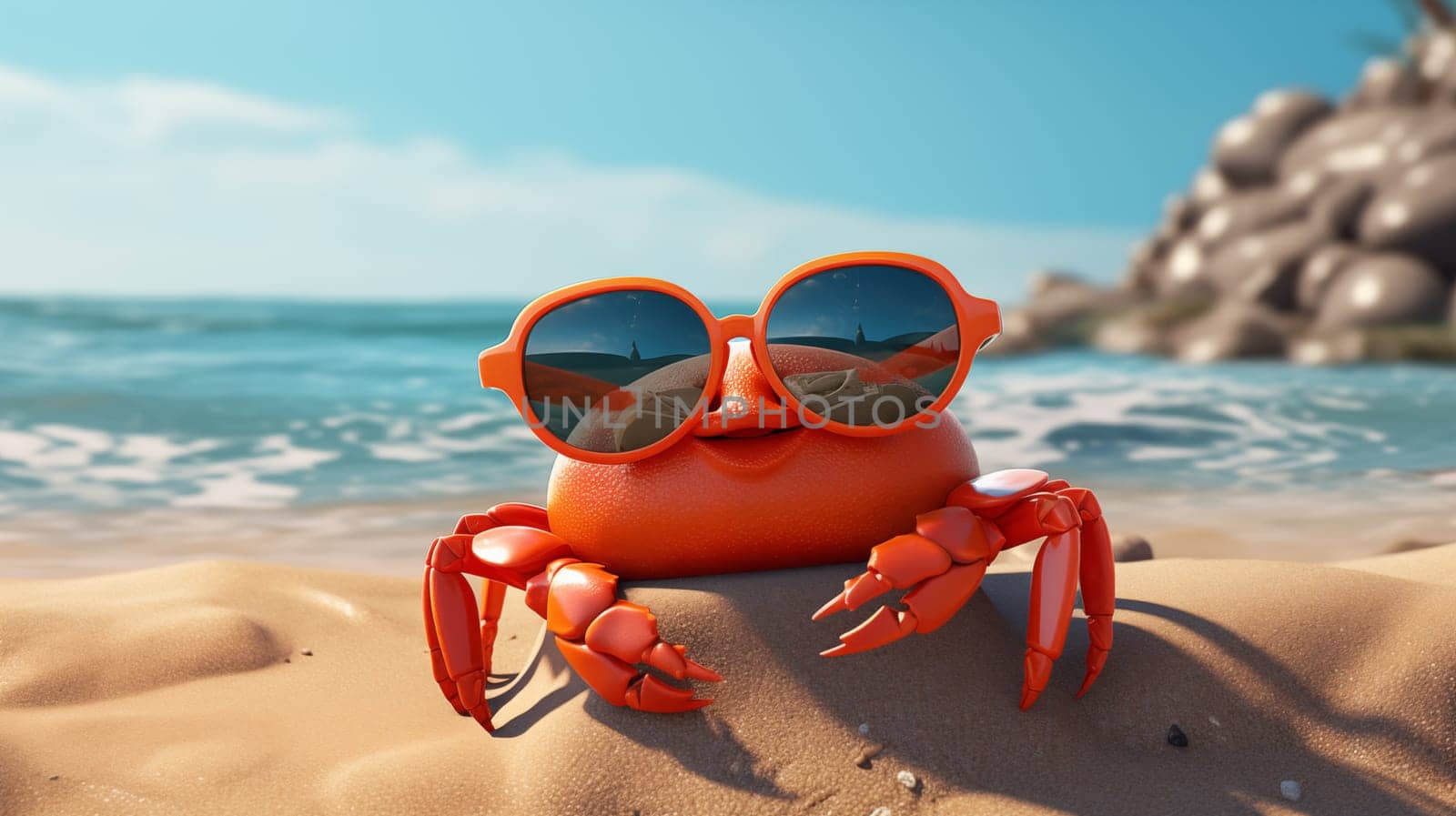 A playful orange crab wearing oversized sunglasses on a sandy beach.
