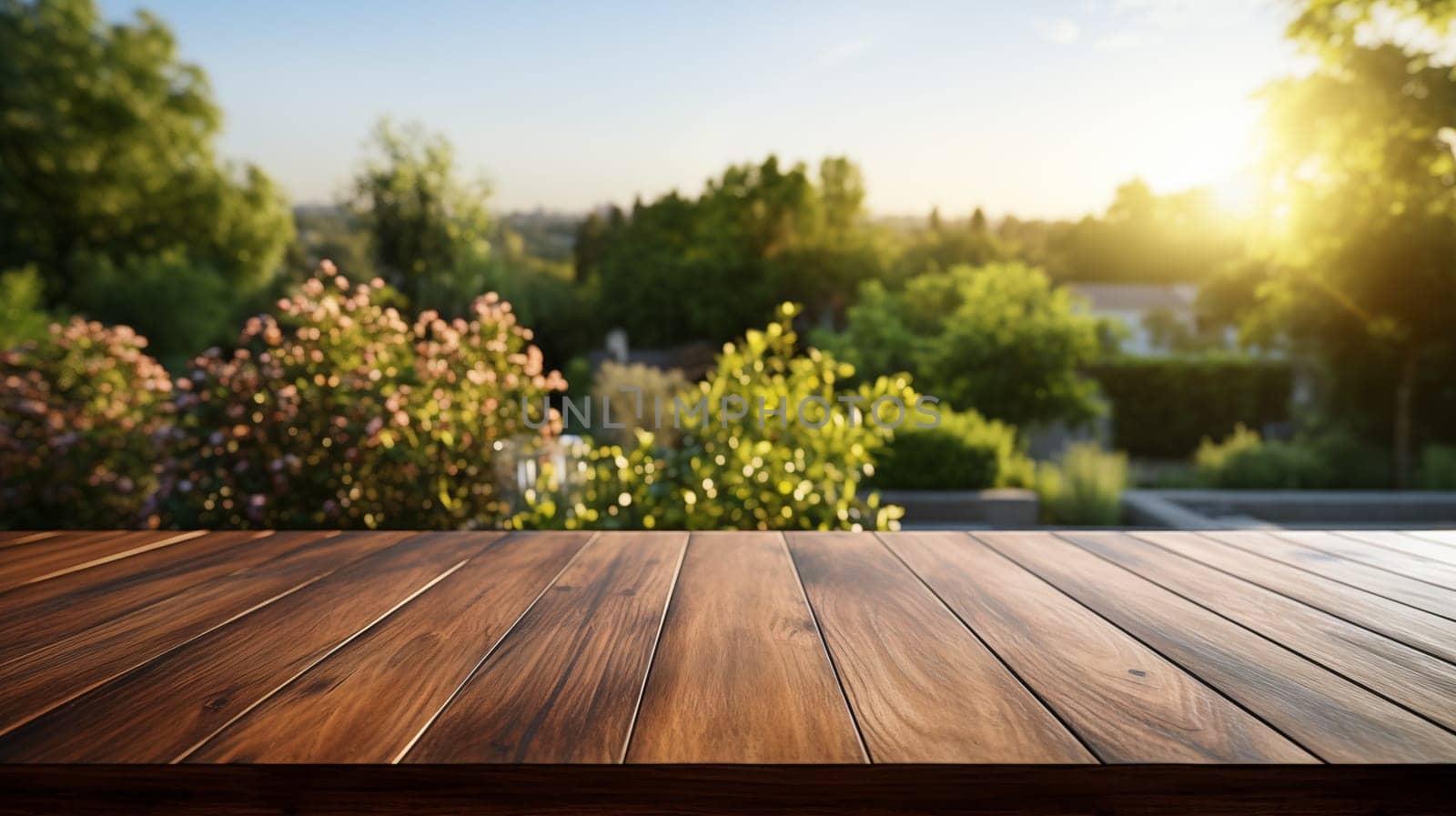 empty wooden surface with a blurred lush garden background. Place for your product