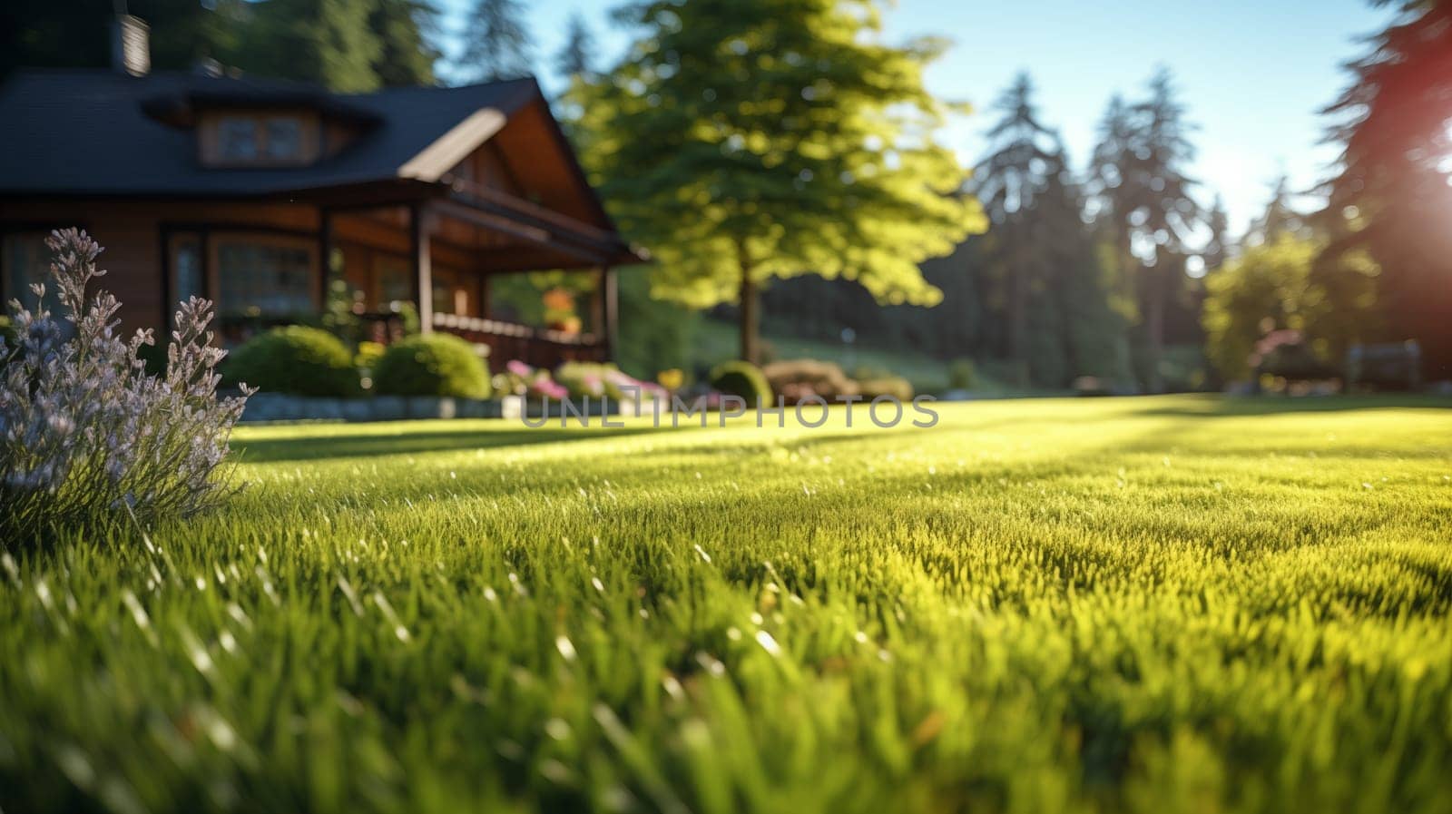 Sunset casting a golden glow on a neatly trimmed lawn with lavender bushes in the foreground and a rustic wooden home in the background.