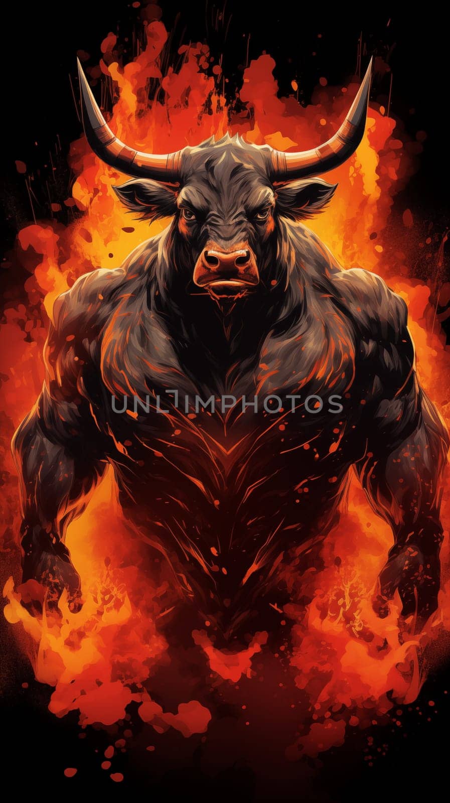 Burning bull strongman, coming out of the fire, on a black background, drawing style. Vertical