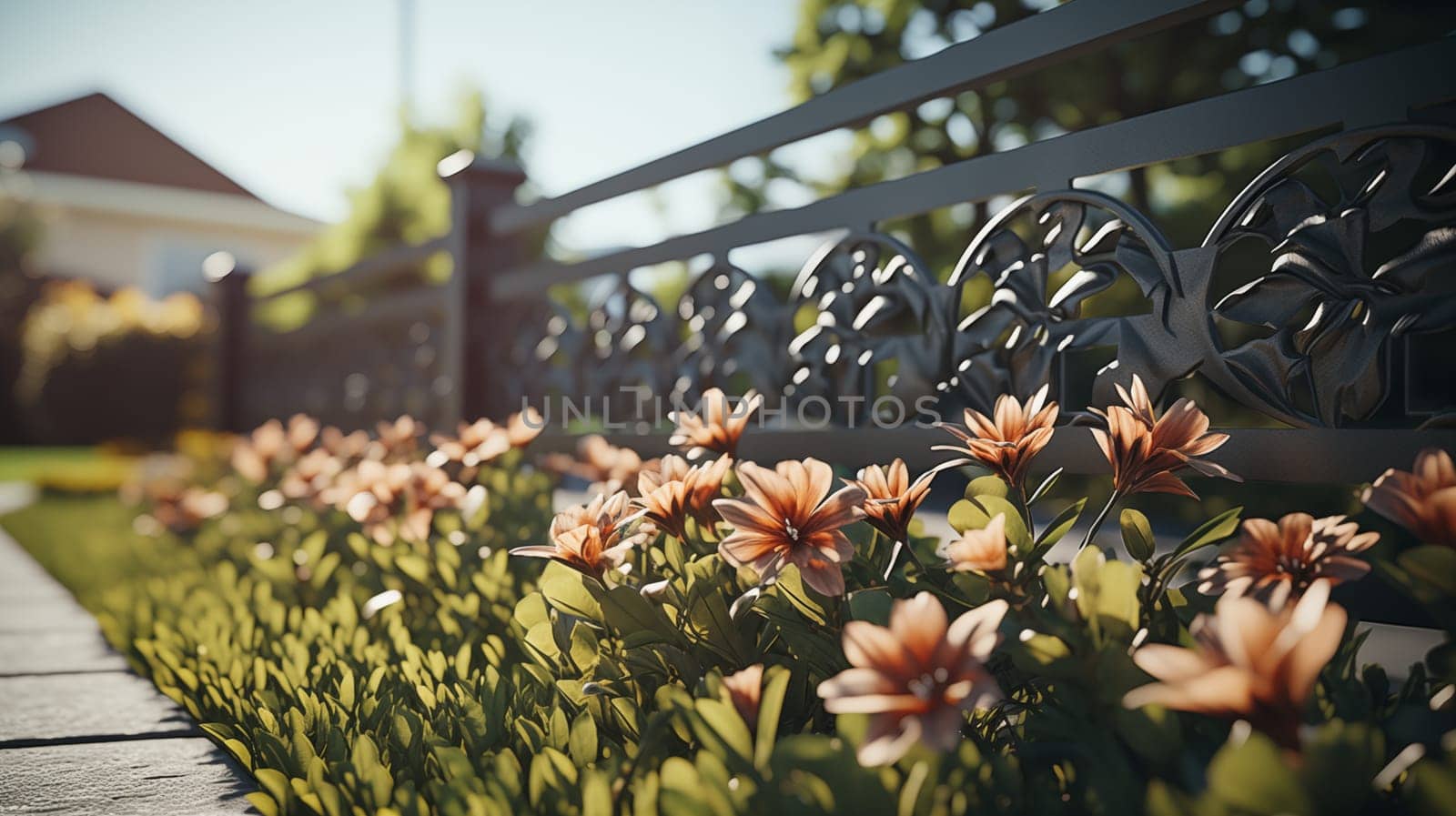 Ornate garden fence with a vibrant display of blooming flowers in a sunny suburban landscape.
