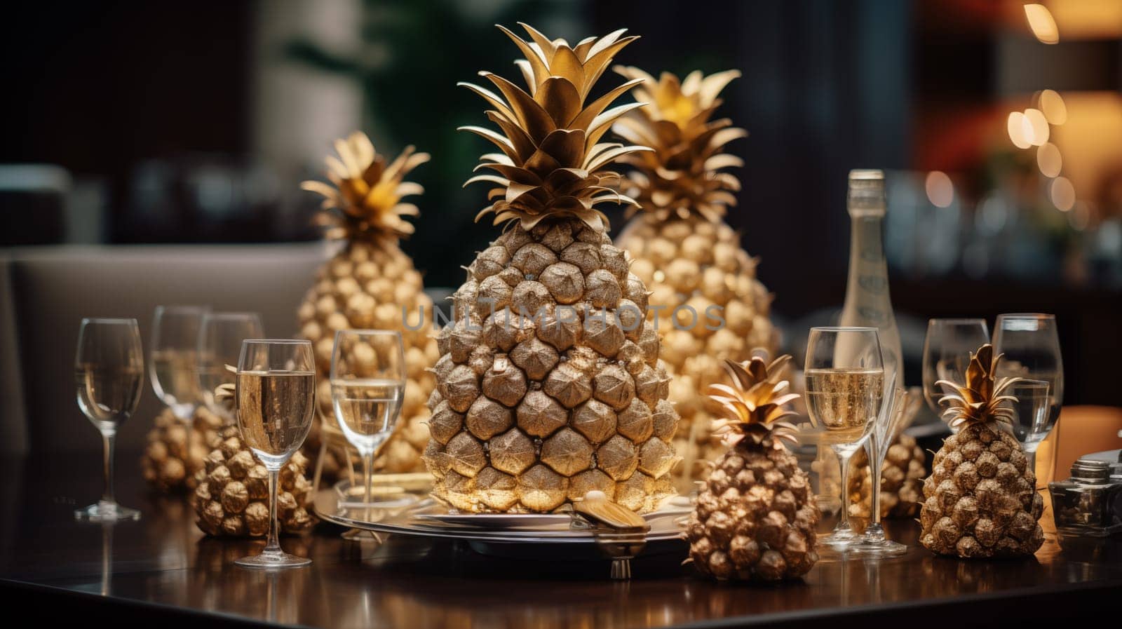 golden pineapples stand on plates on the table, next to glasses of champagne, warm evening light.