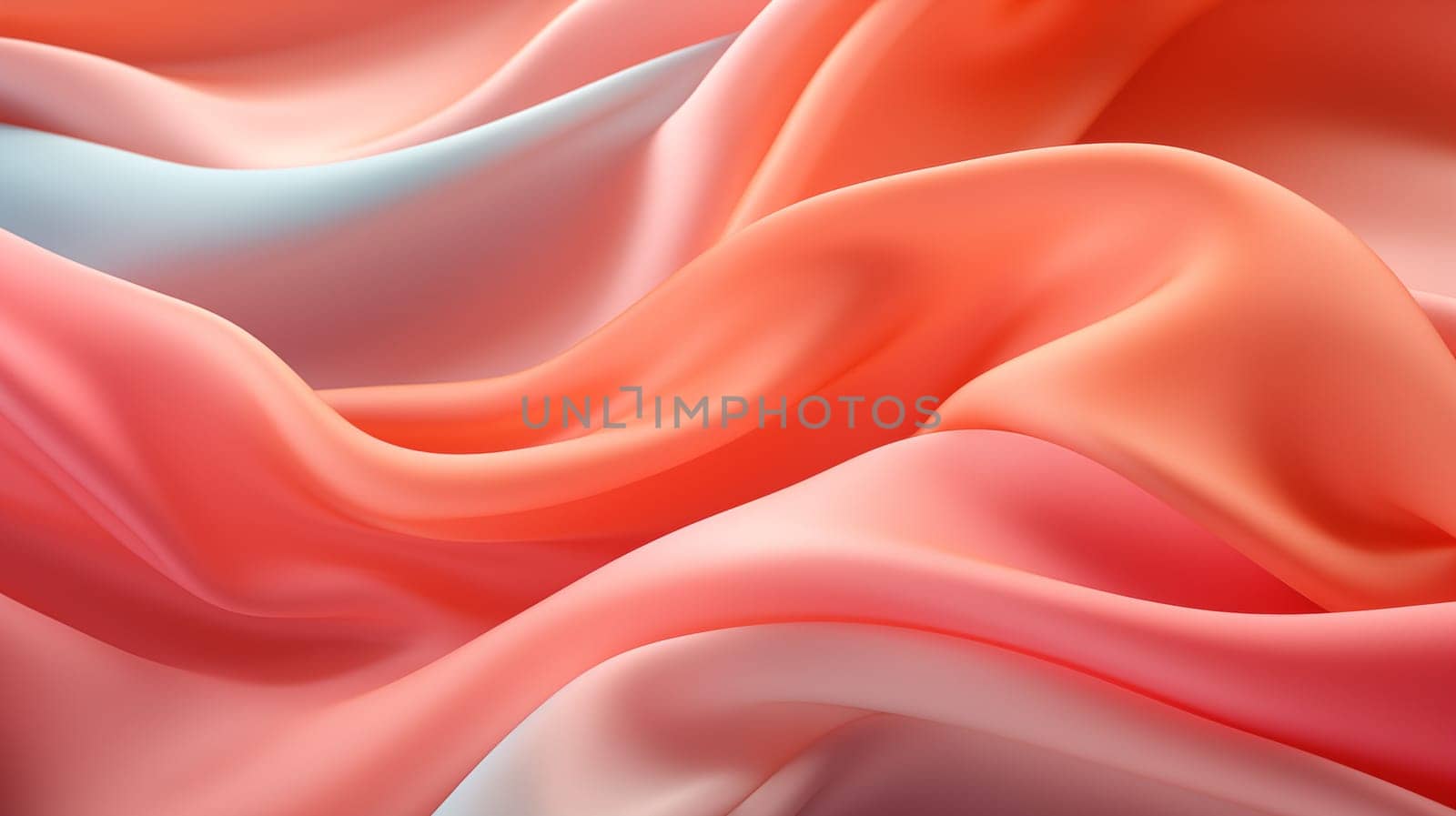 Close up of smooth waves of luxurious peach-fuzz colored silk fabric with a soft, reflective texture by Zakharova