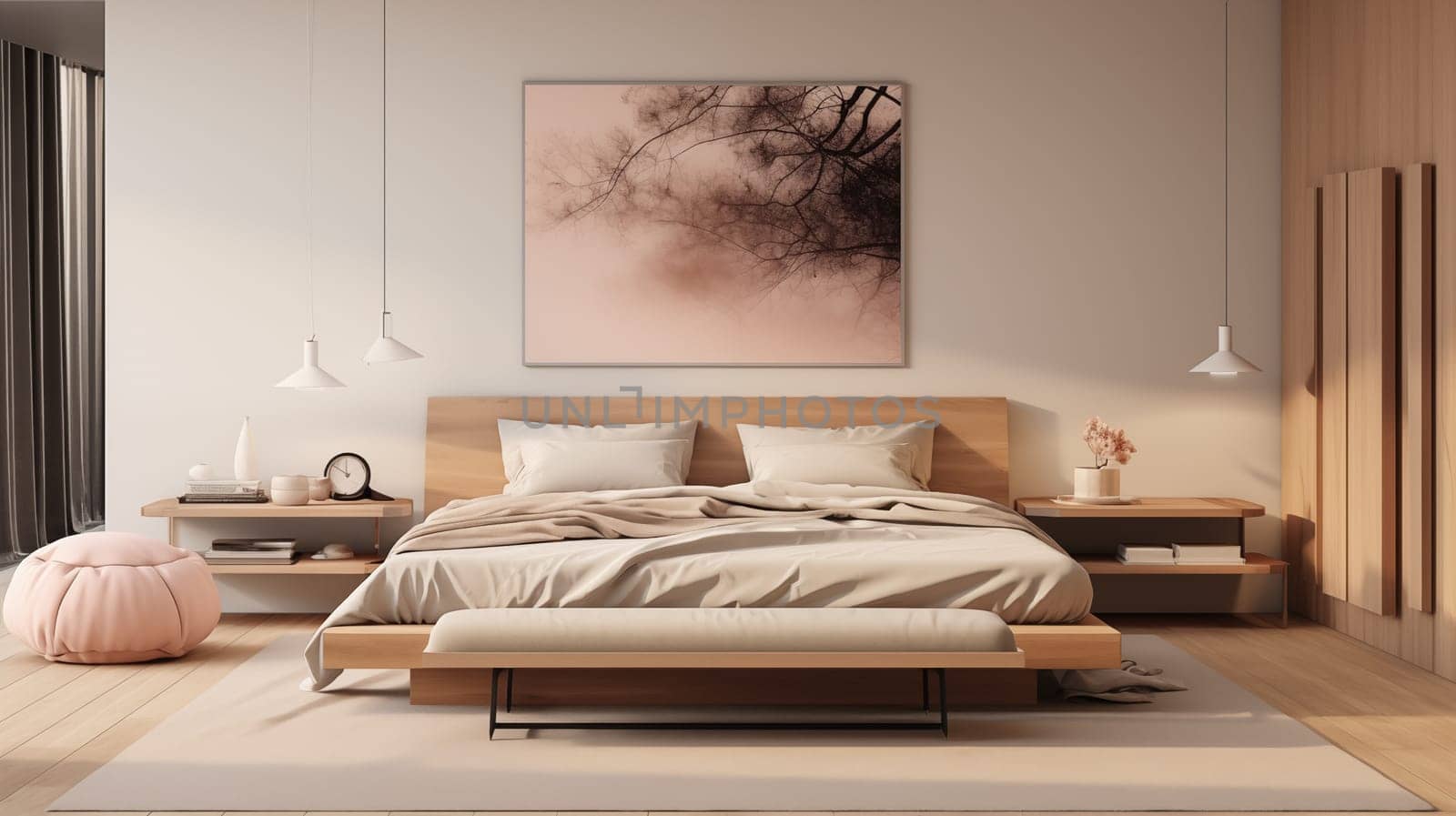 Elegant bedroom interior with natural wood furniture, soft lighting, and a large abstract art piece.