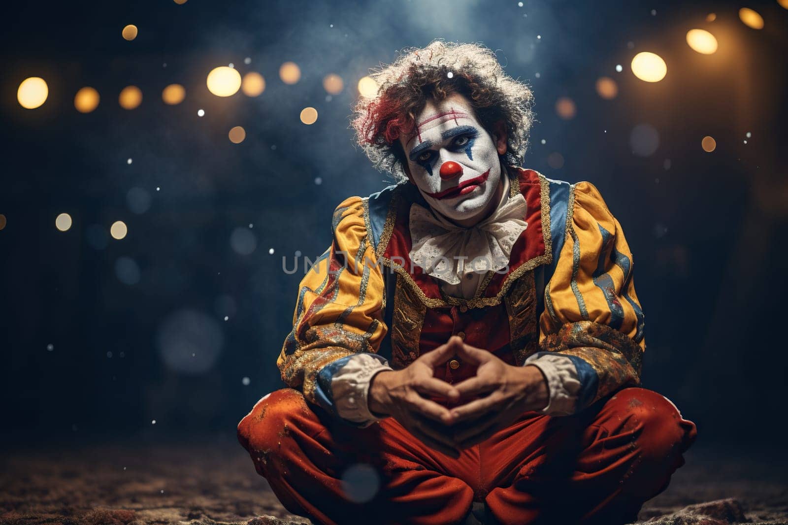 A clown with a sad face on a dark background during a circus performance.