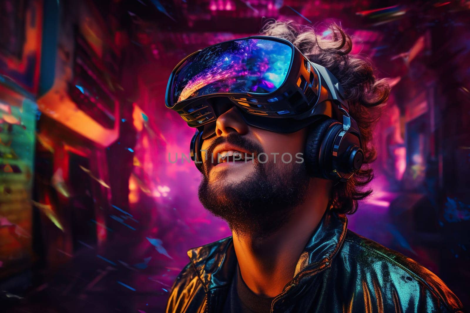 Dark-skinned young man wearing virtual reality glasses. High technology concept. . Generated by artificial intelligence by Vovmar
