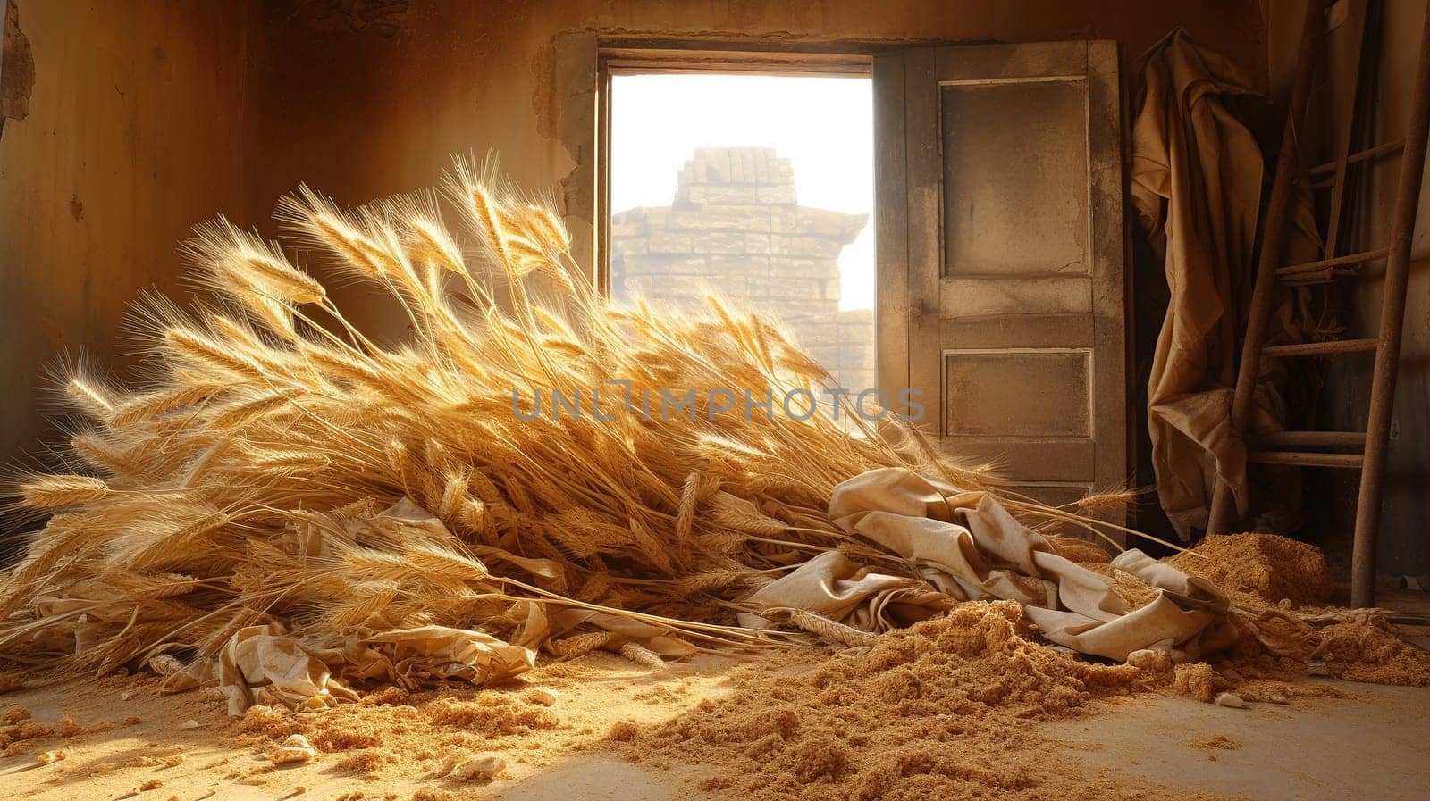 abandoned warehouse with wheat,grain on the floor spilling out of bags torn by rodents,food storage violation, by KaterinaDalemans