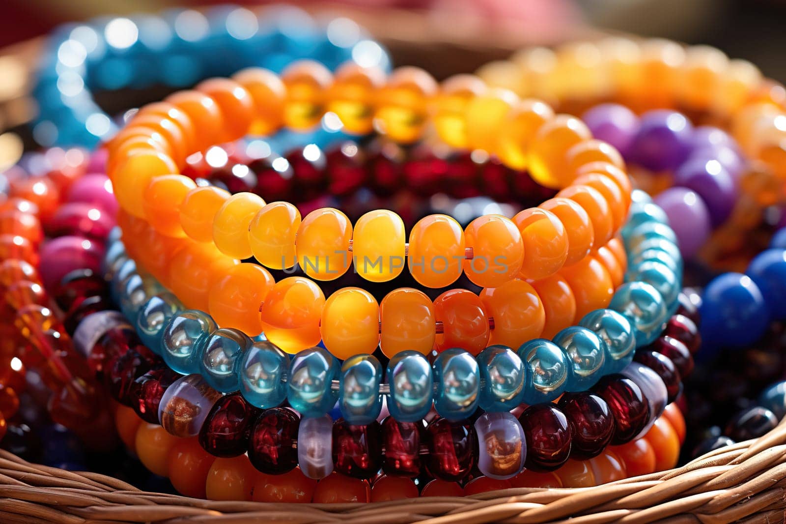 Bracelets made of beads on a wooden table. Generated by artificial intelligence by Vovmar