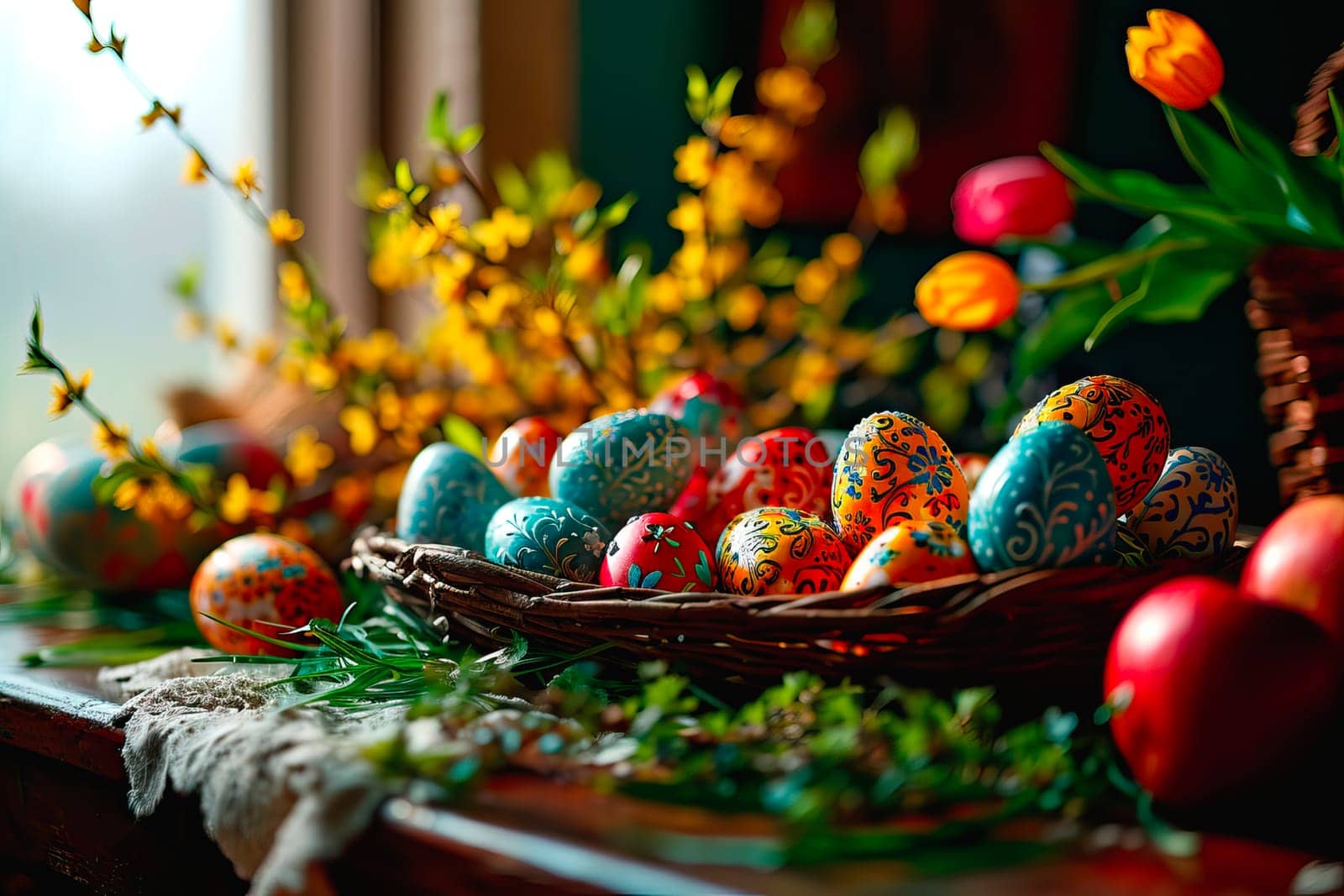In the background you can see the blurred outline of flowers, tulips and forsythia. In the foreground stands a wicker basket with many colourful Easter eggs inside.