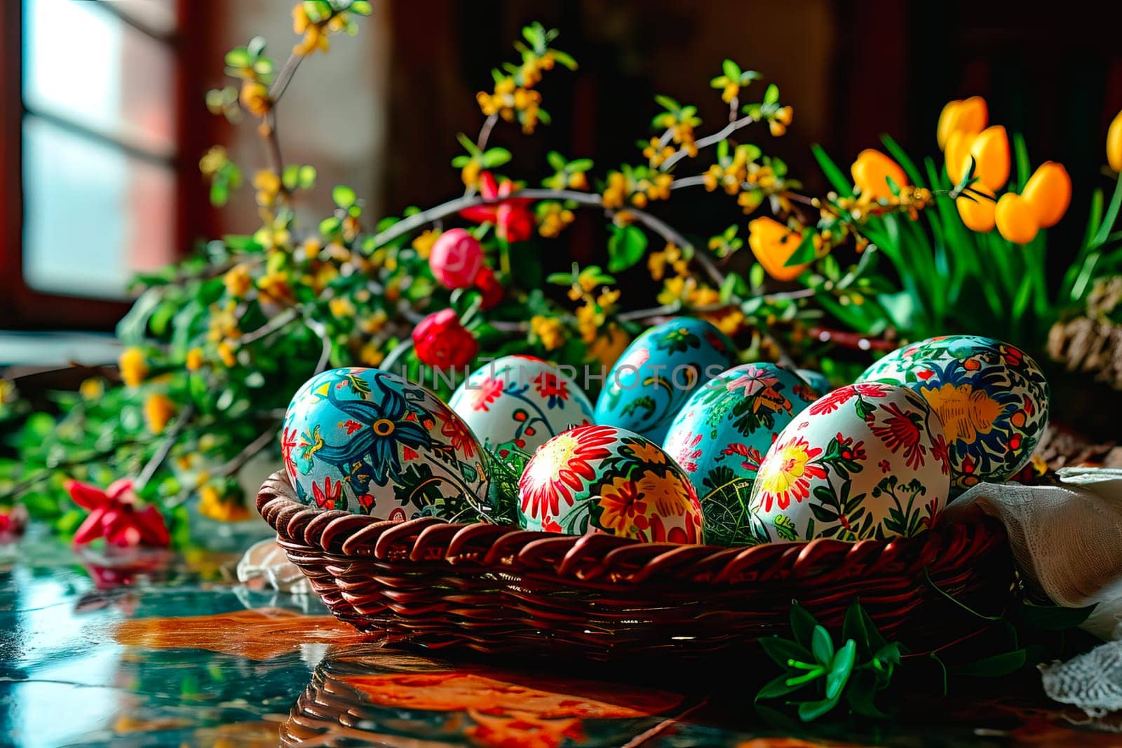 There is an Easter reed on the mosaic tabletop. Easter eggs lie in a wicker basket. Next to them are spring cut flowers. The eggs are painted in colourful detailed patterns.
