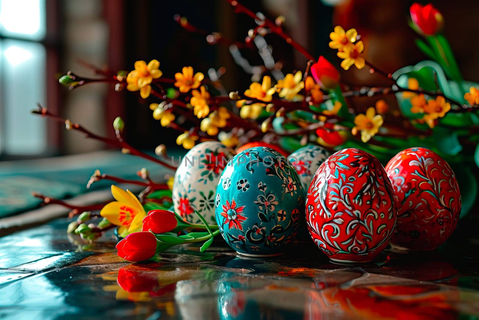 Glossy mosaic top in shades of turquoise. Easter eggs painted in intricate patterns stand on the tabletop. Colourful flowers lie next to the eggs.
