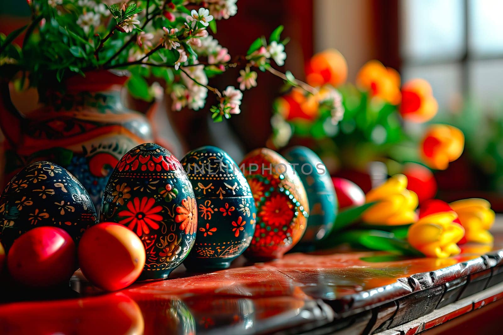 Sunshine streaming through the window illuminates the colourful Easter eggs. The eggs stand on the table. Next to them are tulips, fruit and a large vase with a bouquet of flowers.