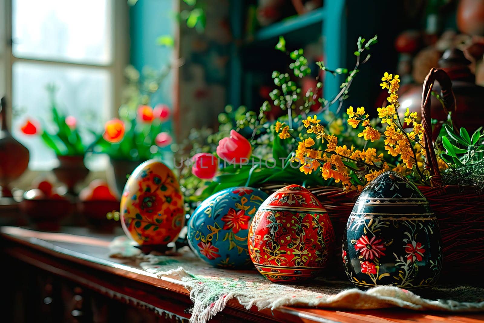 A hand-woven white tablecloth lies on a countertop in a traditional country kitchen. Easter eggs of various colours and a wicker basket full of flowers stand there.