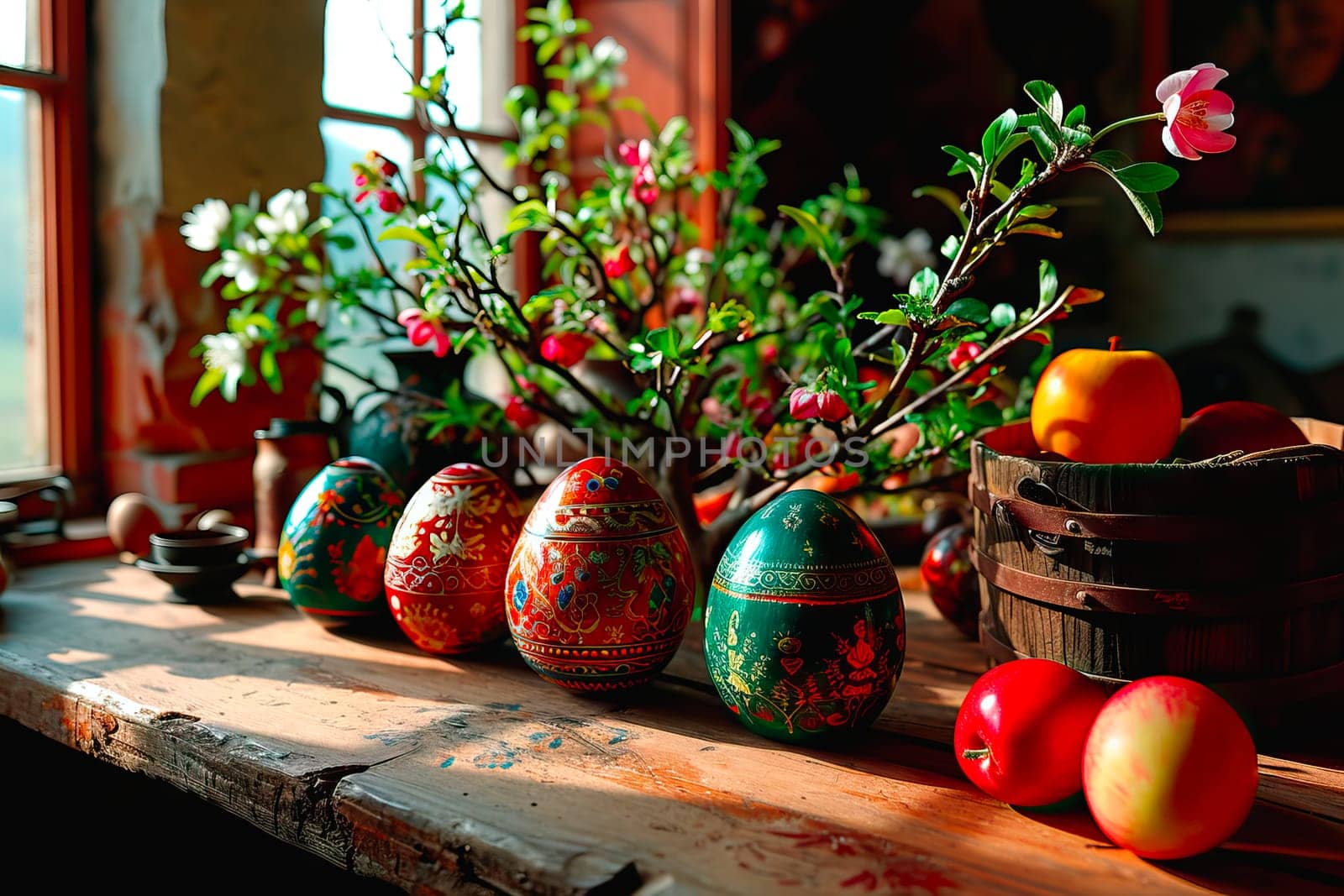 In the old kitchen, fruit, flowers and a few hand-painted Easter eggs lie on the wooden countertop. Traditional handicraft art. A window can be seen in the background.