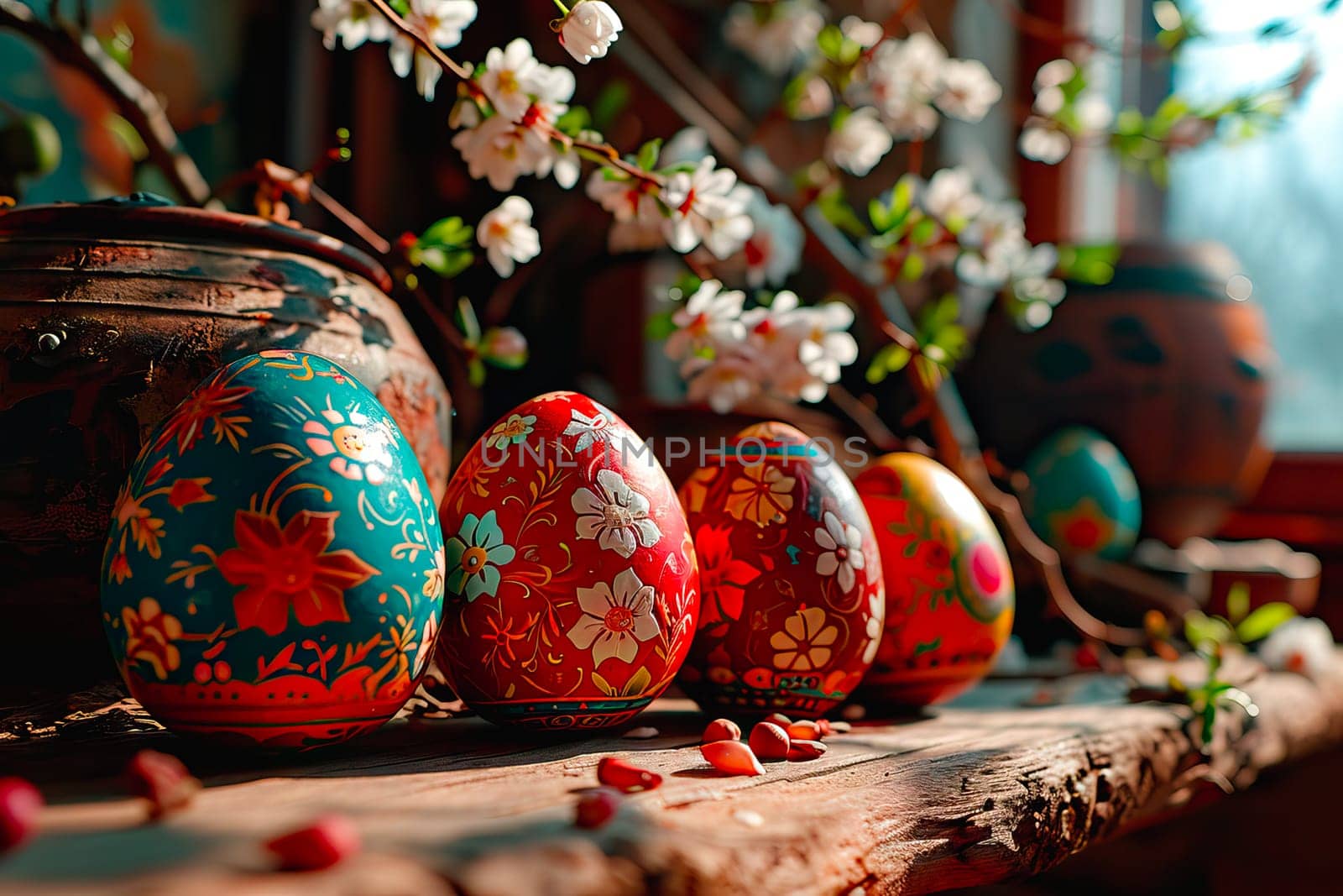 Close-up of a damaged wooden table in a country kitchen. On the table is a large pot with flowers growing in it. In the foreground stand different coloured Easter eggs in patterns.