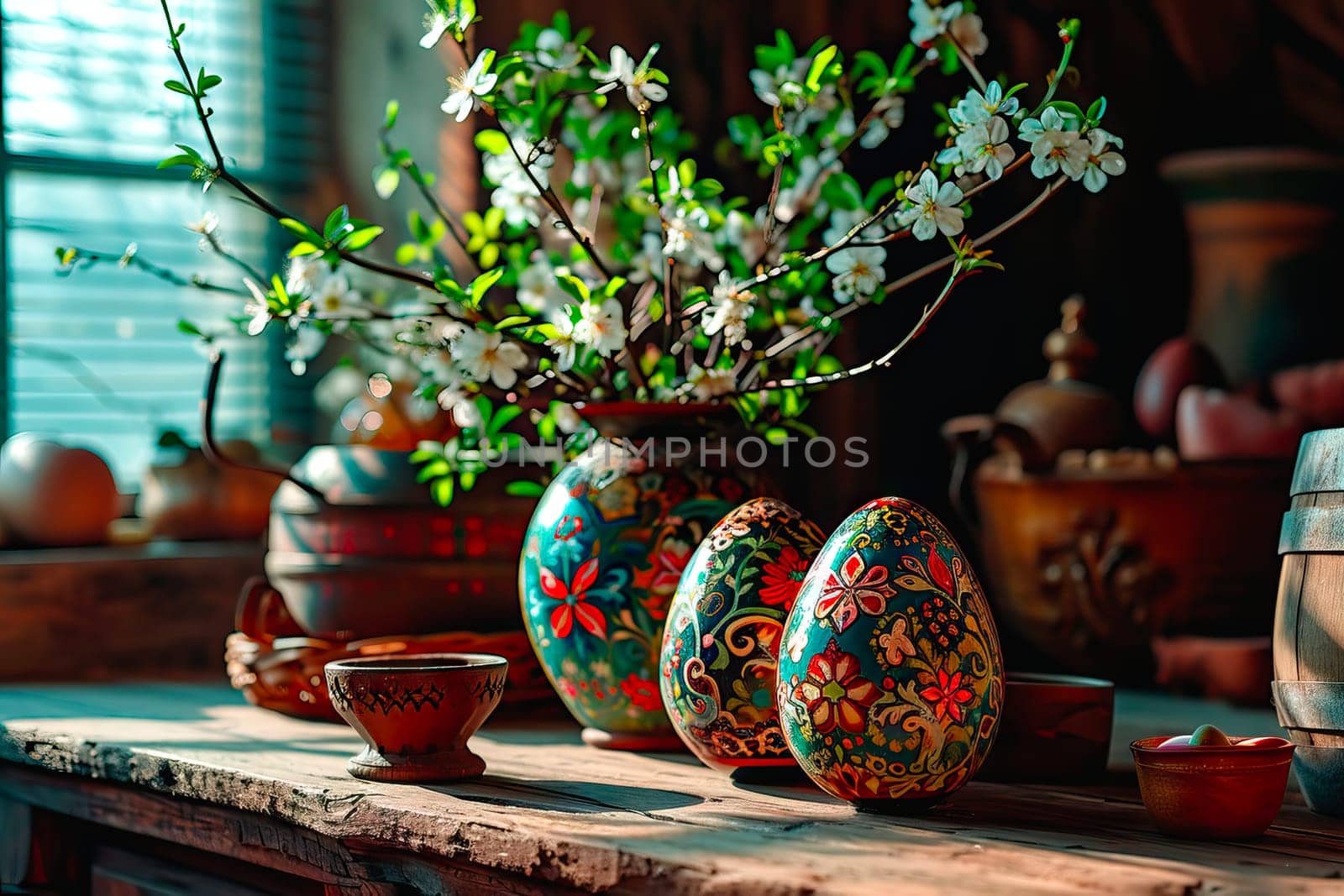 Rays of light from the window fall on the wooden table. On the table stand hand-painted Easter eggs and freshly cut flowers in vases.