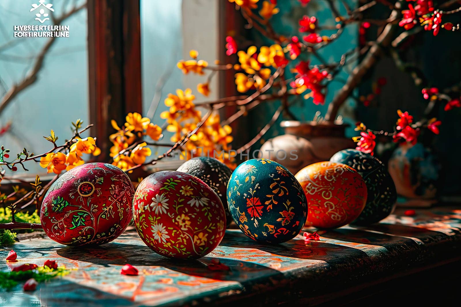 On the windowsill stands a large vase with cut branches in it. Spring flowers are growing on the branches. In the background you can see a window with a wooden frame. In front are arranged coloured Easter eggs, on which the sun's rays are falling.